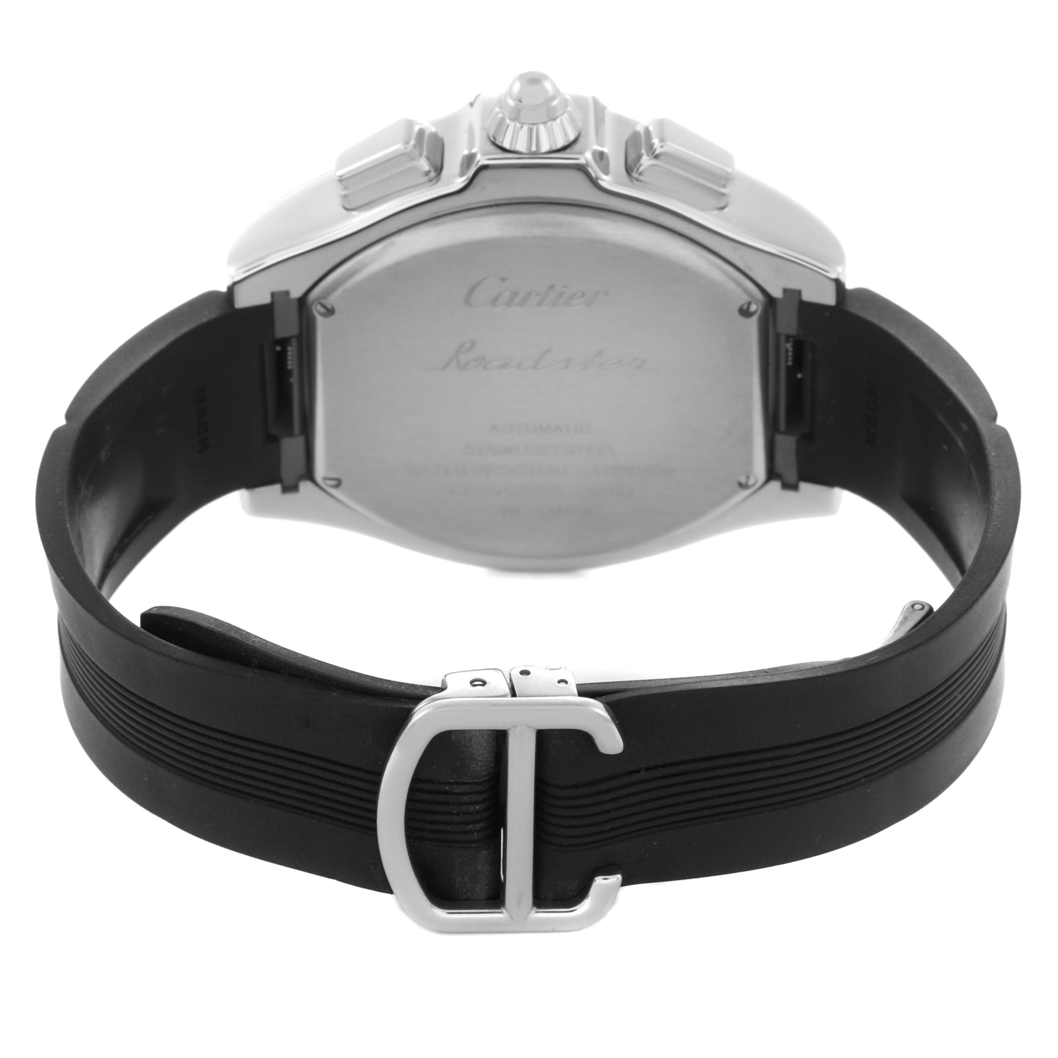 The image shows the back of a Cartier Roadster W6206020 Men
s Stainless Steel Silver Dial W6206020 Men
s Stainless Steel Silver Dial watch, with a focus on the case back, strap, and buckle.