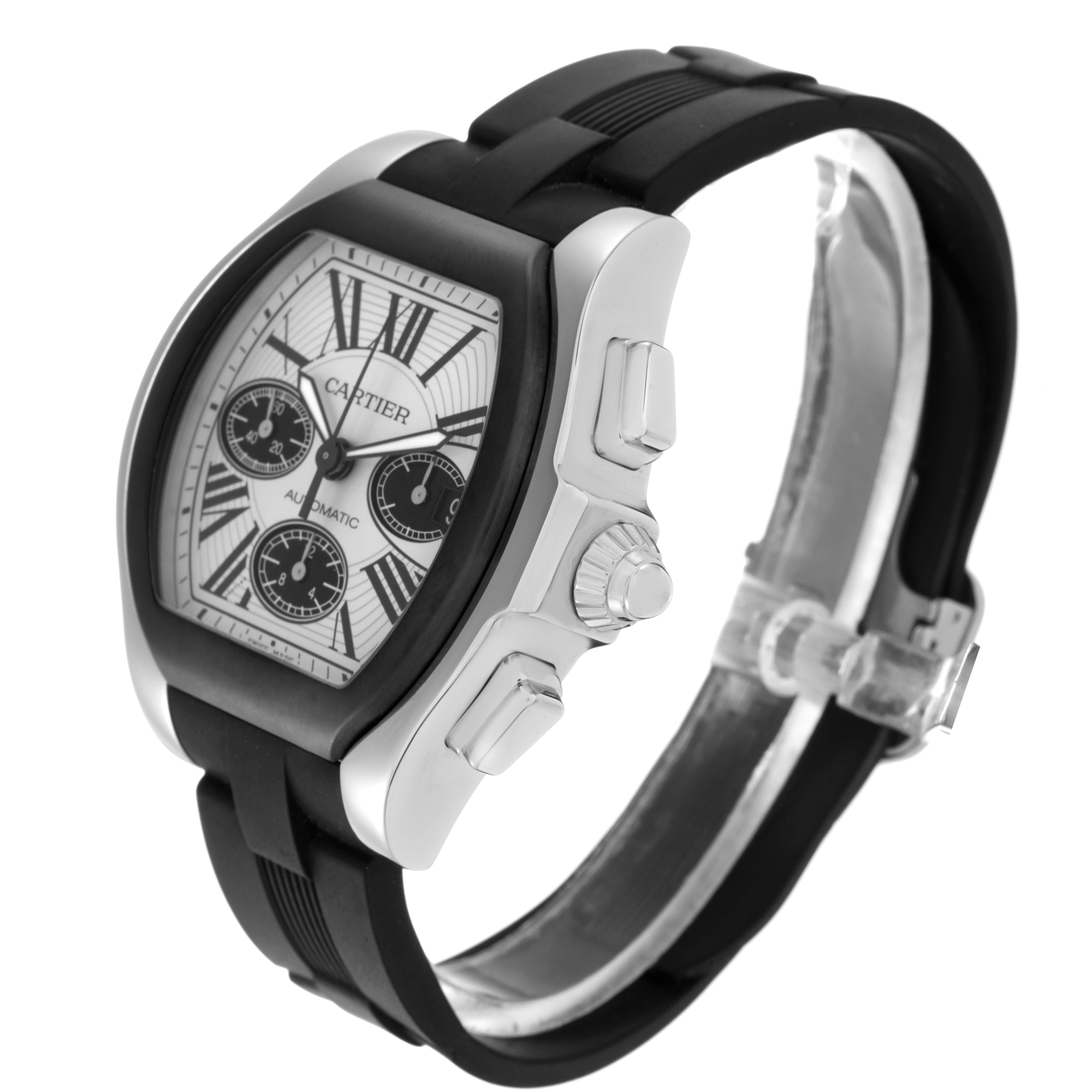 The Cartier Roadster W6206020 Men
s Stainless Steel Silver Dial W6206020 Men
s Stainless Steel Silver Dial watch is shown at a three-quarter angle, highlighting the face, bezel, pushers, and strap.