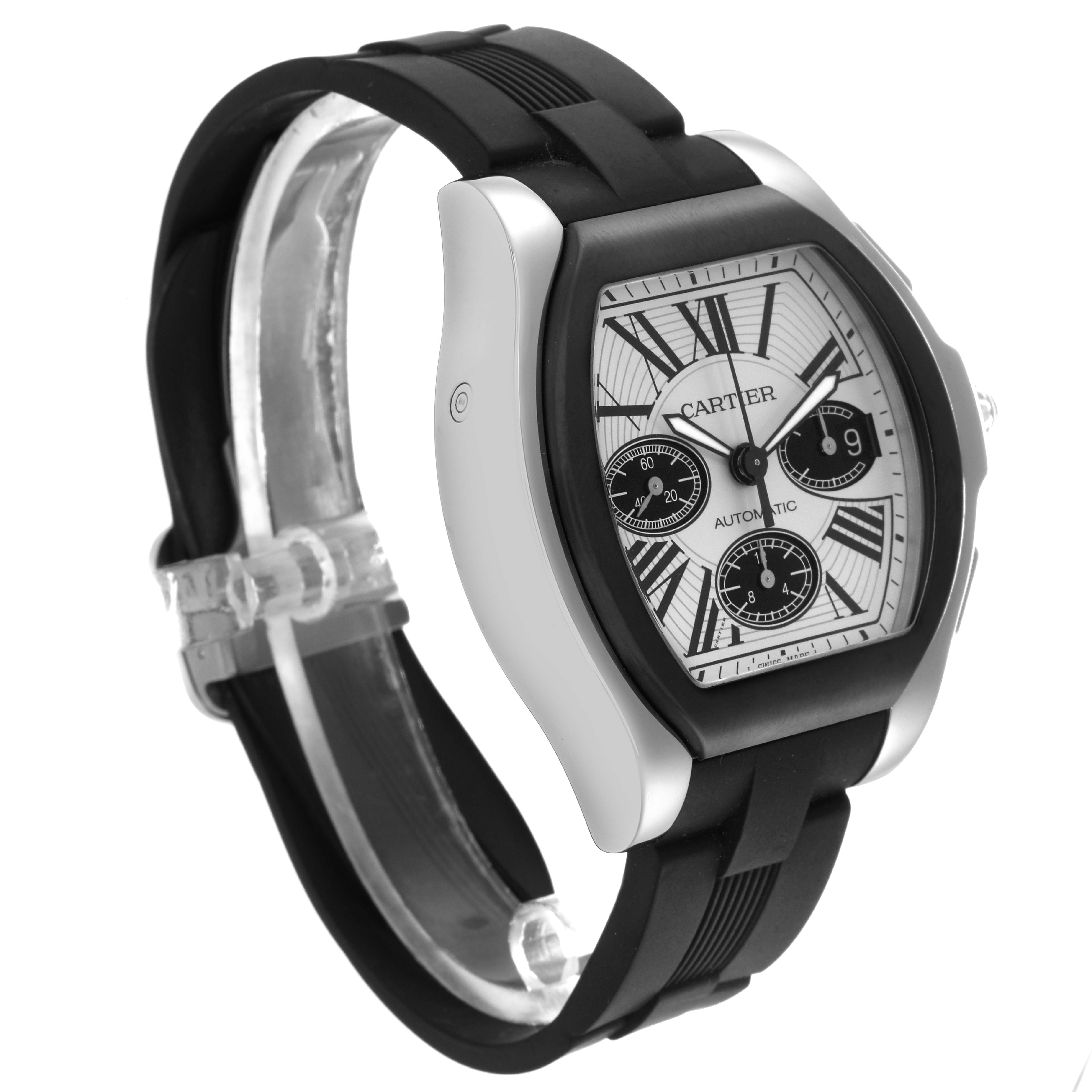 The Cartier Roadster W6206020 Men
s Stainless Steel Silver Dial W6206020 Men
s Stainless Steel Silver Dial watch is shown at a three-quarter angle highlighting its face, bezel, and rubber strap.