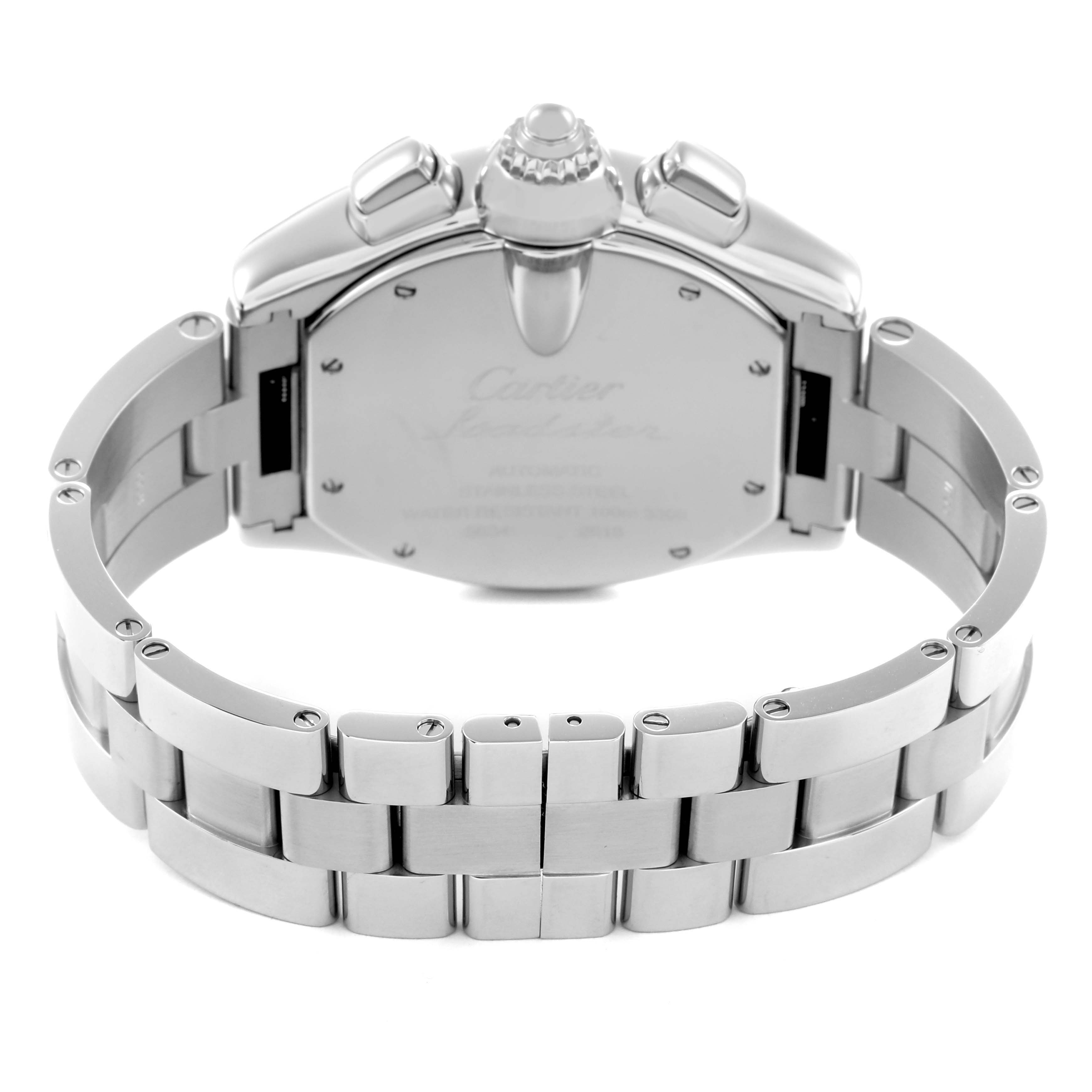 The image shows the back view of the Cartier Roadster W62019X6 Men
s Stainless Steel Silver Dial W62019X6 Men
s Stainless Steel Silver Dial watch, highlighting the case back and metal bracelet.