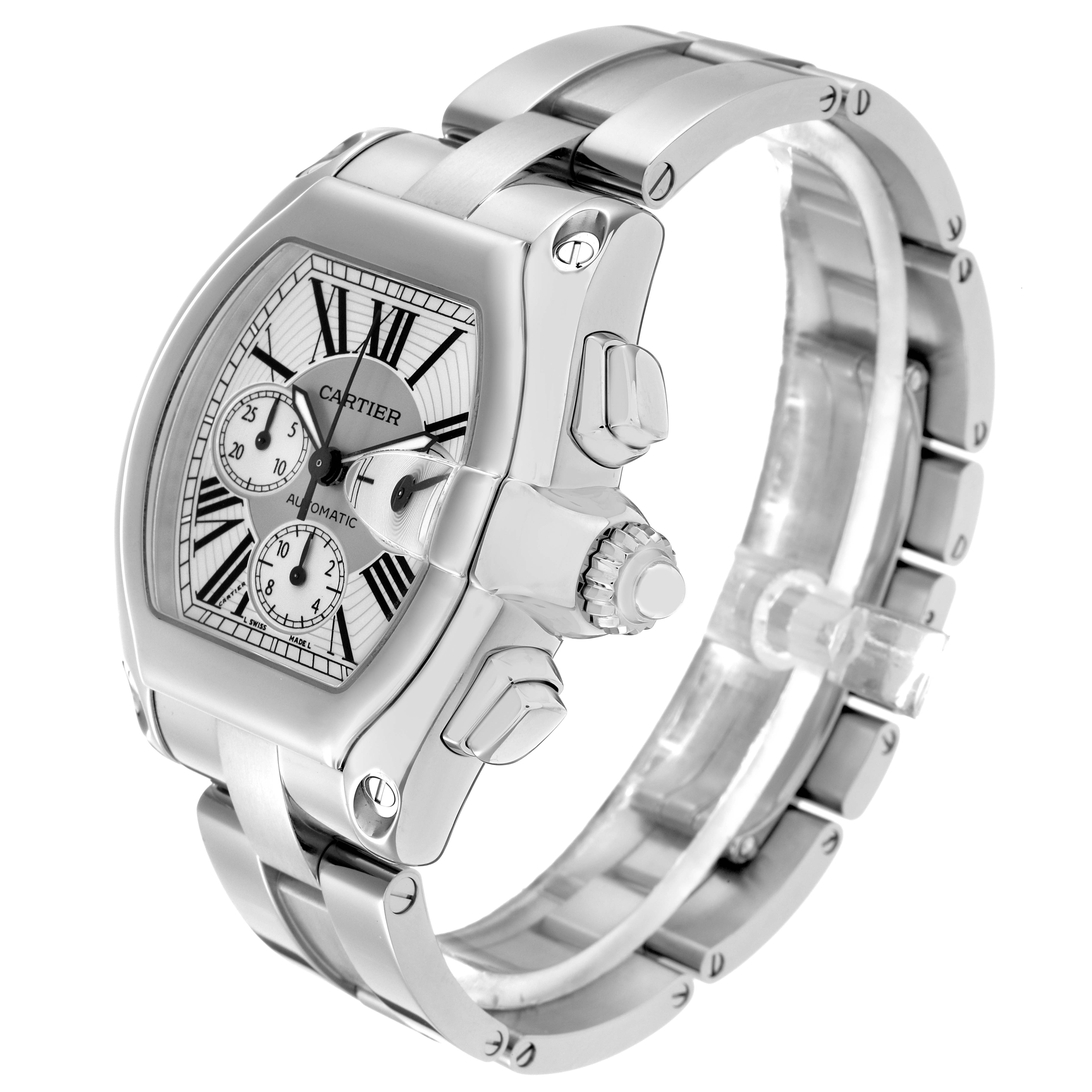 The Cartier Roadster W62019X6 Men
s Stainless Steel Silver Dial W62019X6 Men
s Stainless Steel Silver Dial watch is shown at a three-quarter angle highlighting the face, side crown, and metal bracelet.