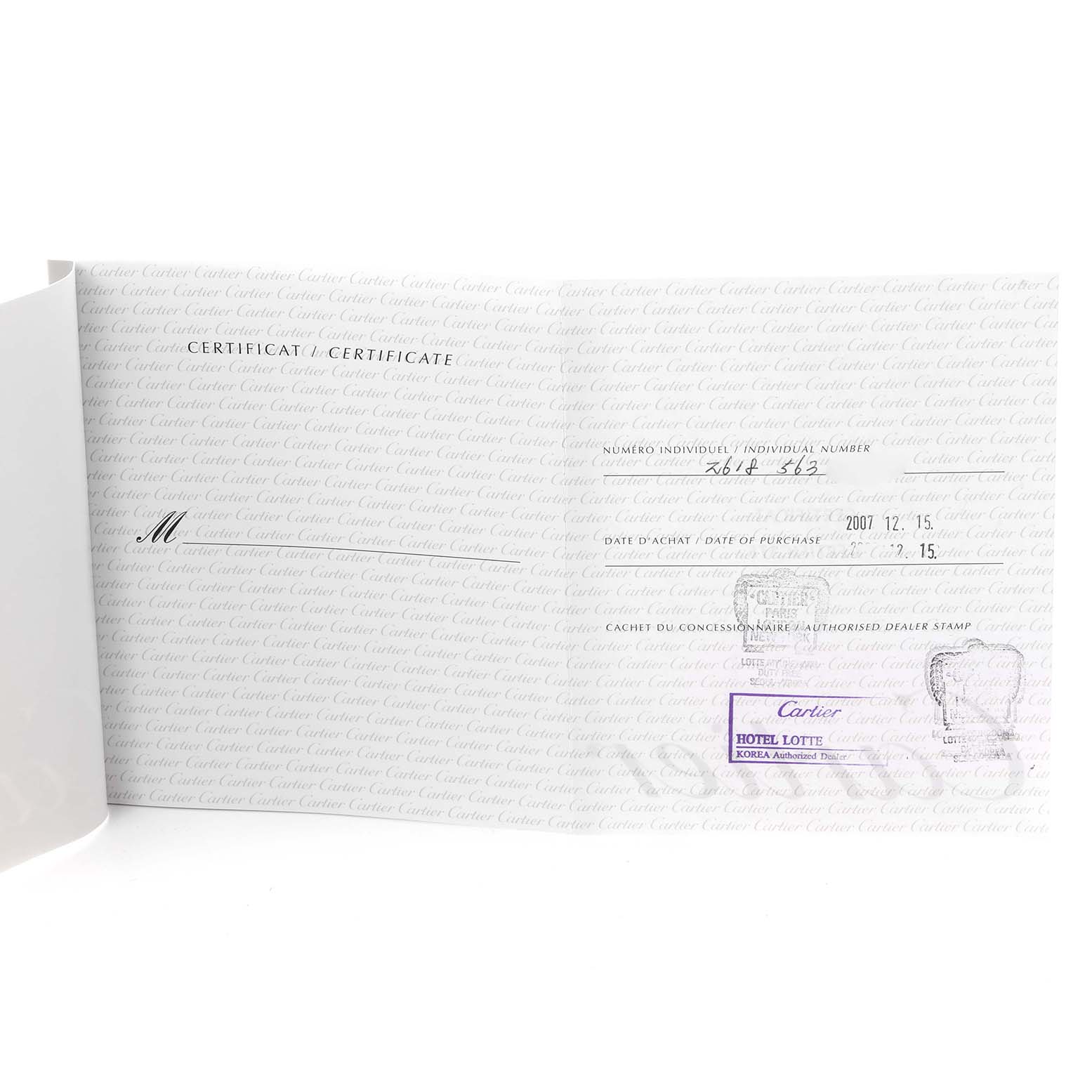 The image shows the certificate for a Cartier Roadster W62019X6 Men
s Stainless Steel Silver Dial W62019X6 Men
s Stainless Steel Silver Dial watch with purchase details and stamps.