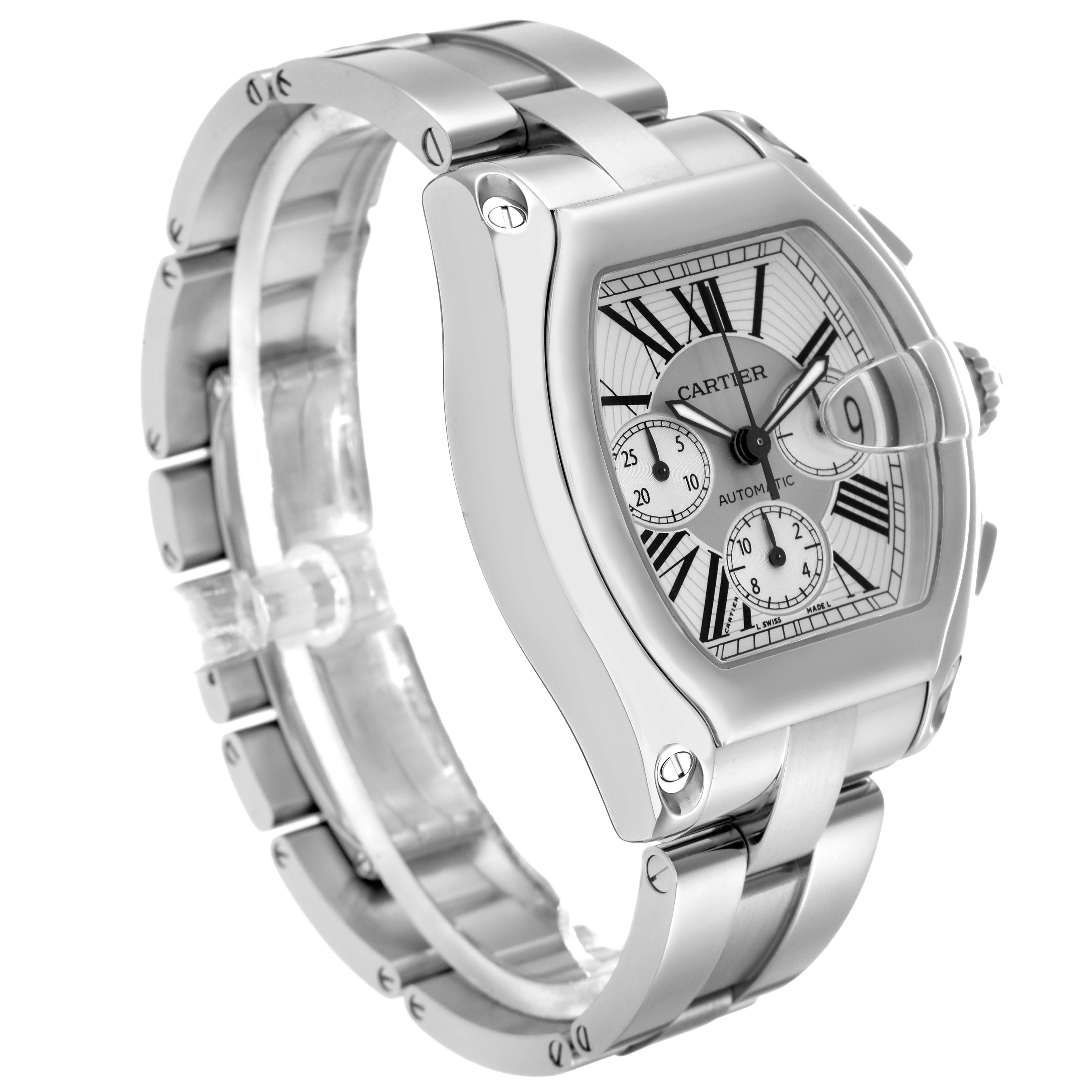 The Cartier Roadster W62019X6 Men
s Stainless Steel Silver Dial W62019X6 Men
s Stainless Steel Silver Dial watch is shown at a three-quarter angle, highlighting the dial, case, and metal bracelet.