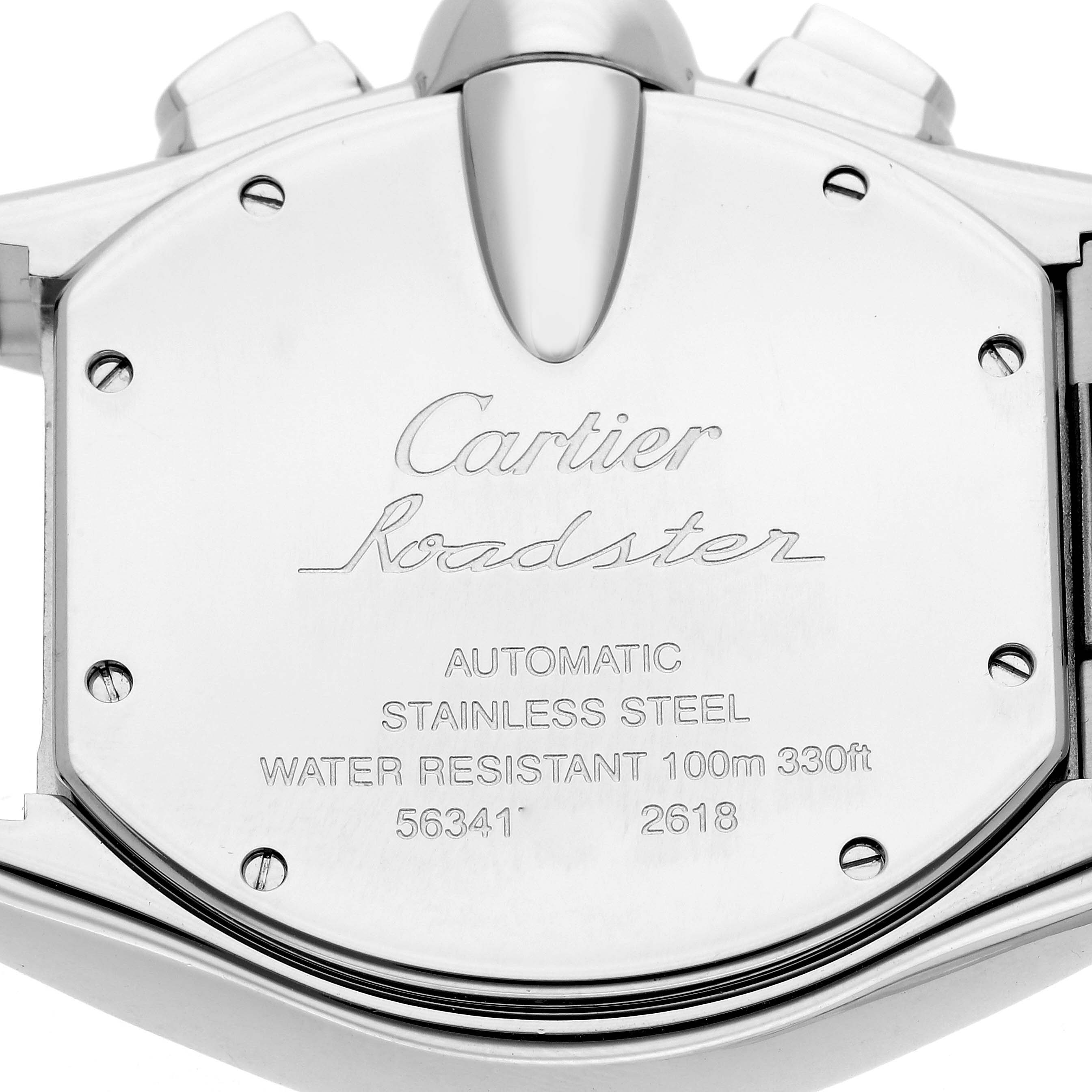 The image shows the back of a Cartier Roadster W62019X6 Men
s Stainless Steel Silver Dial W62019X6 Men
s Stainless Steel Silver Dial watch, highlighting the case, brand engravings, and water resistance details.