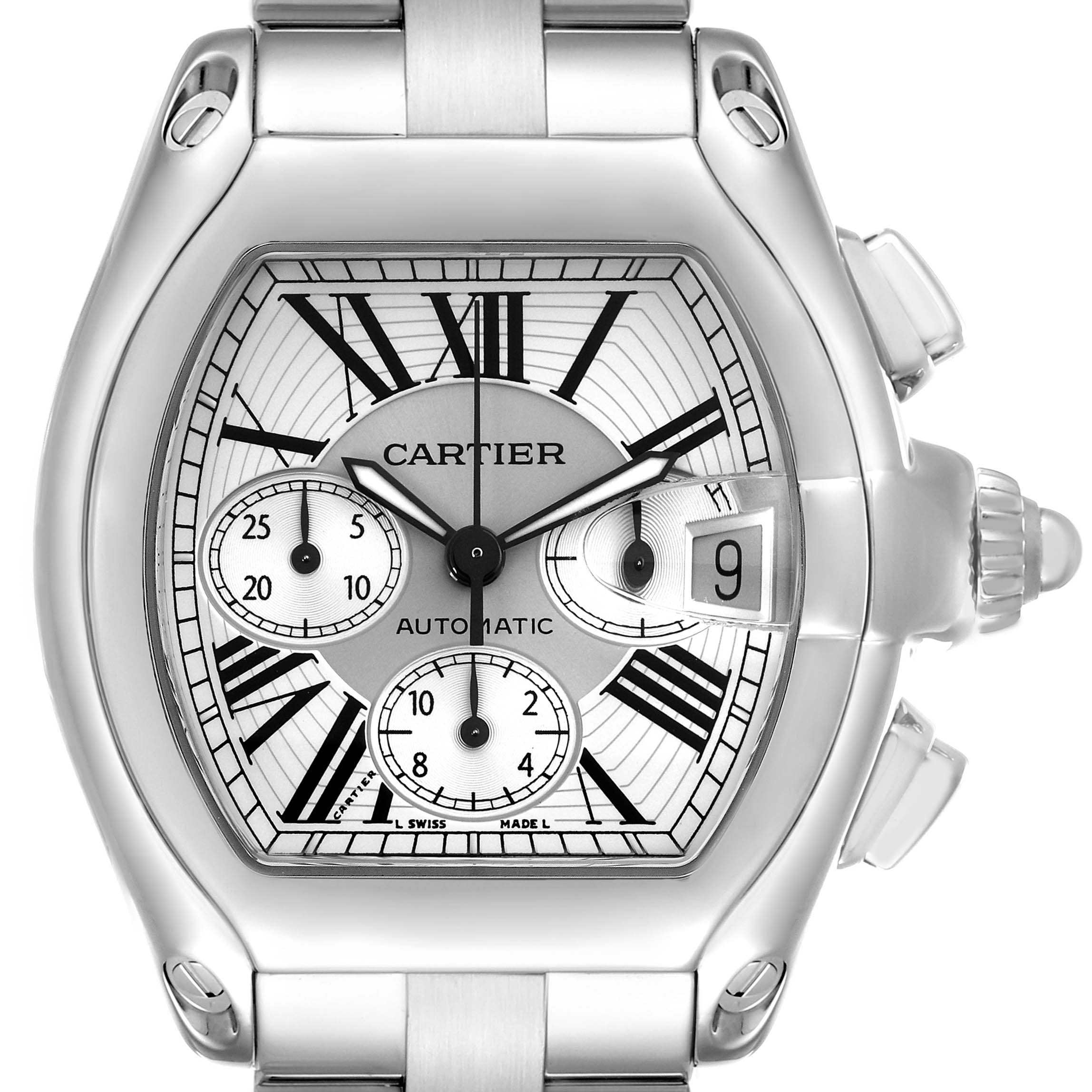 The Cartier Roadster W62019X6 Men
s Stainless Steel Silver Dial W62019X6 Men
s Stainless Steel Silver Dial watch is shown from the front, highlighting the dial, chronograph subdials, and date window.