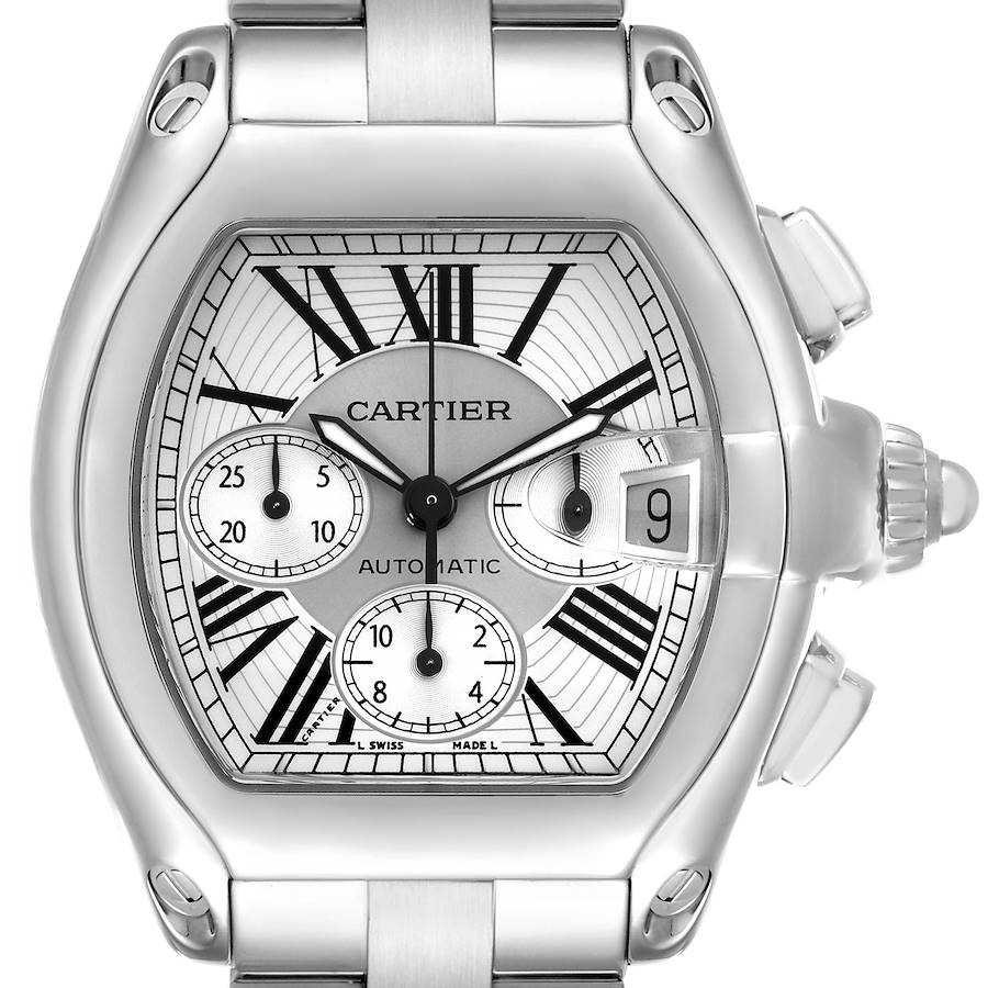 The Cartier Roadster watch is shown from the front, highlighting the dial, chronograph subdials, and date window.