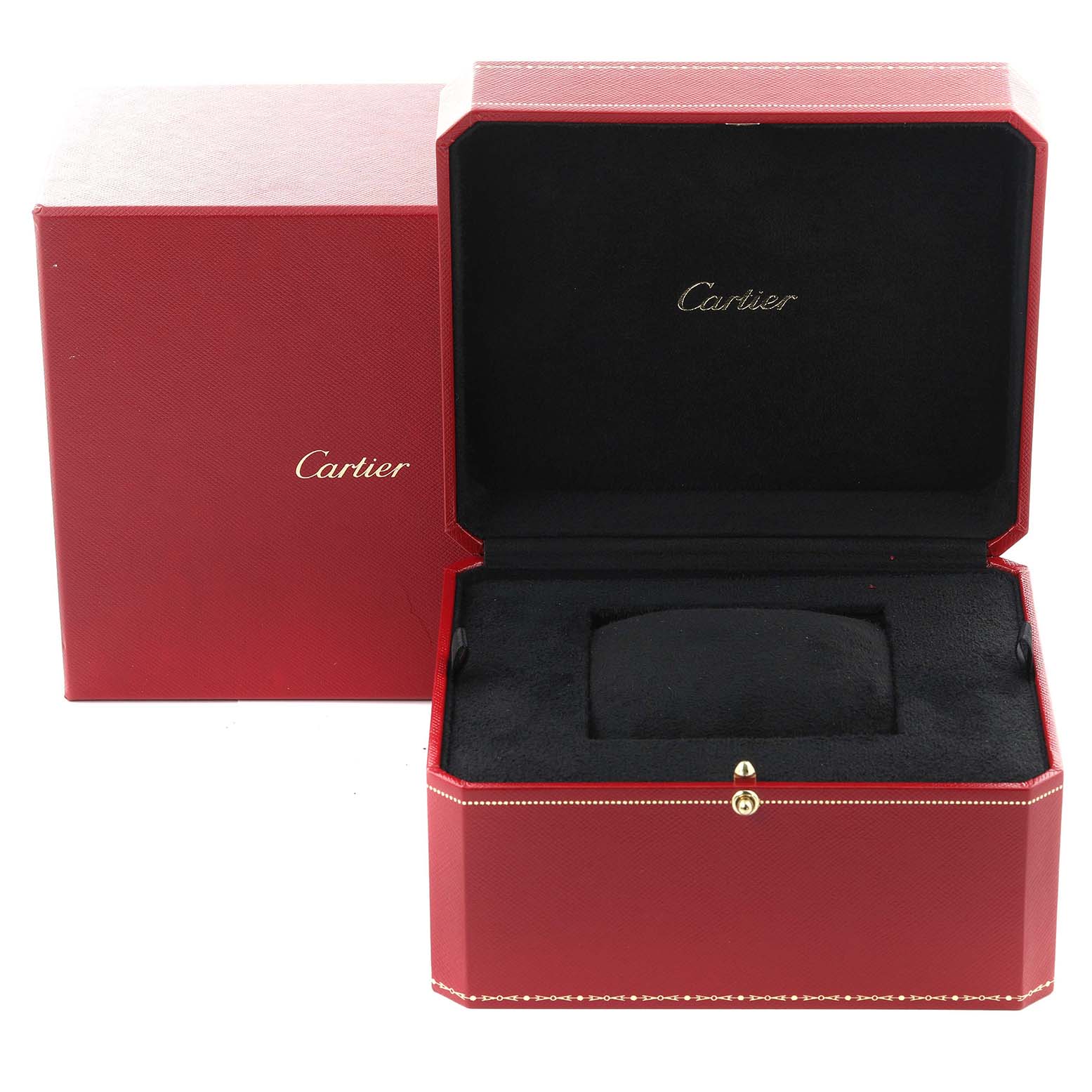 The image shows an open Cartier watch box for the Tank Americaine model, featuring a red exterior and black interior.