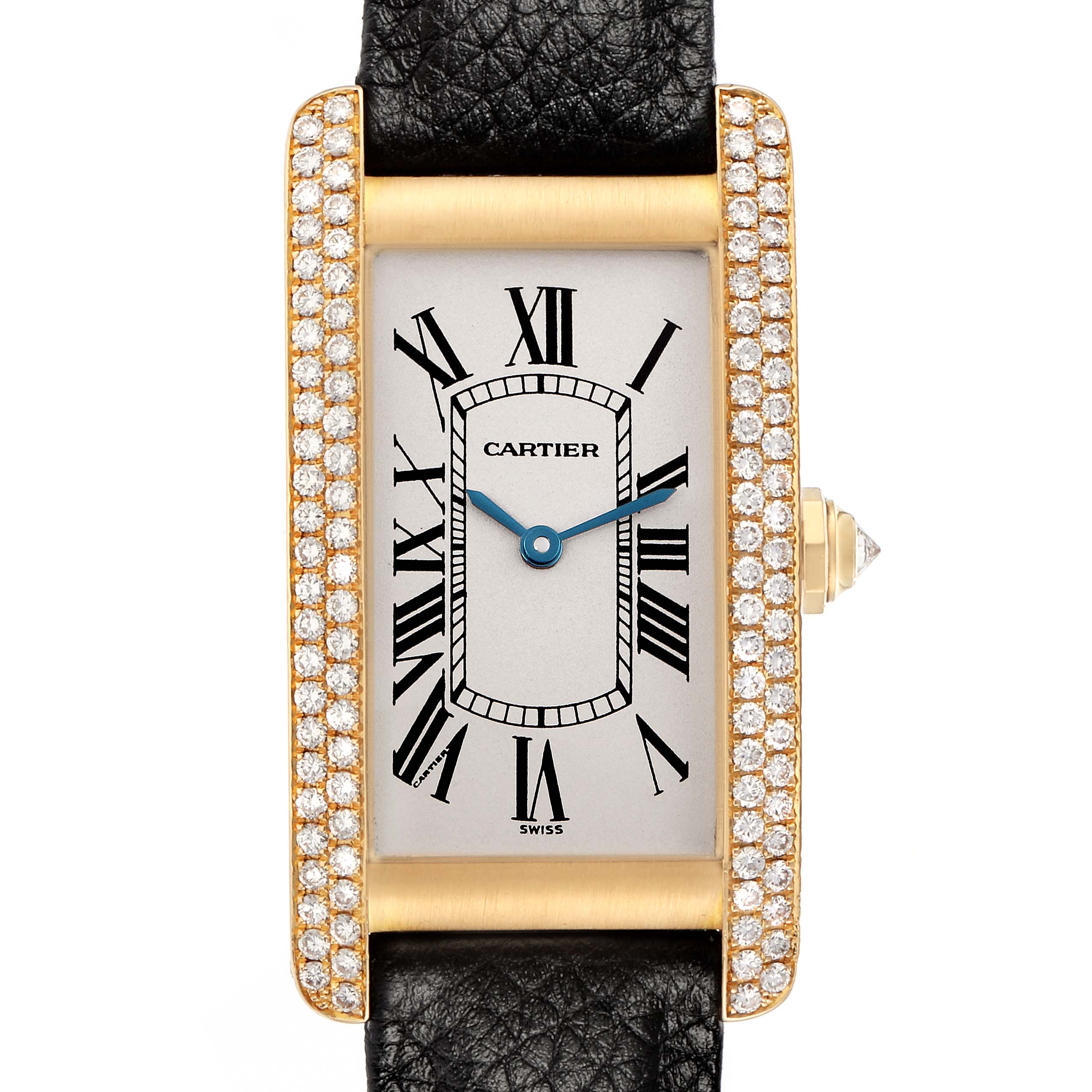 The Cartier Tank Americaine 17201 Men
s Yellow Gold Silver Dial 17201 Men
s Yellow Gold Silver Dial watch is shown from a top-down angle, highlighting its rectangular face, diamond bezel, and leather strap.