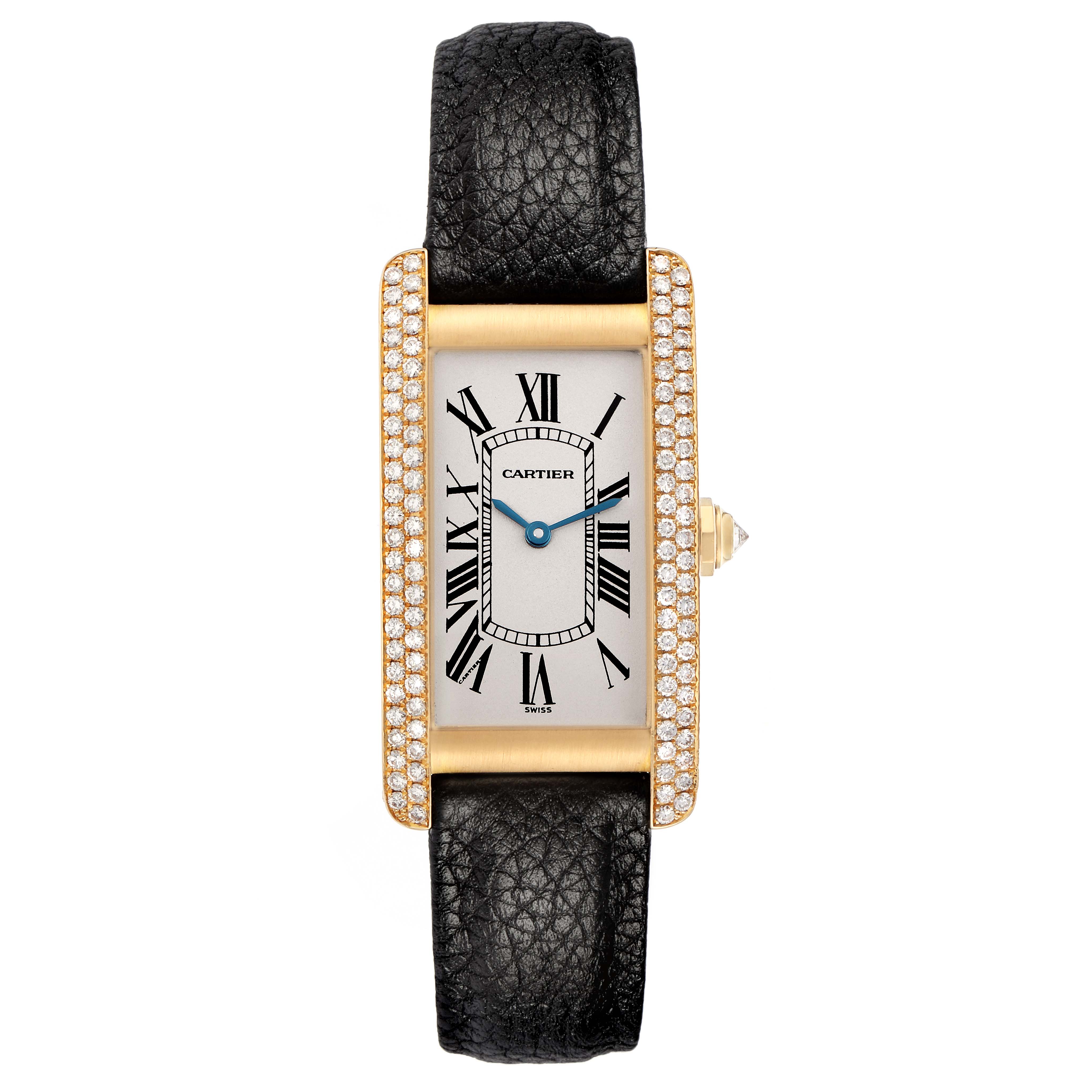 The Cartier Tank Américaine watch is shown from the front, highlighting its rectangular face, Roman numerals, and diamond bezel.