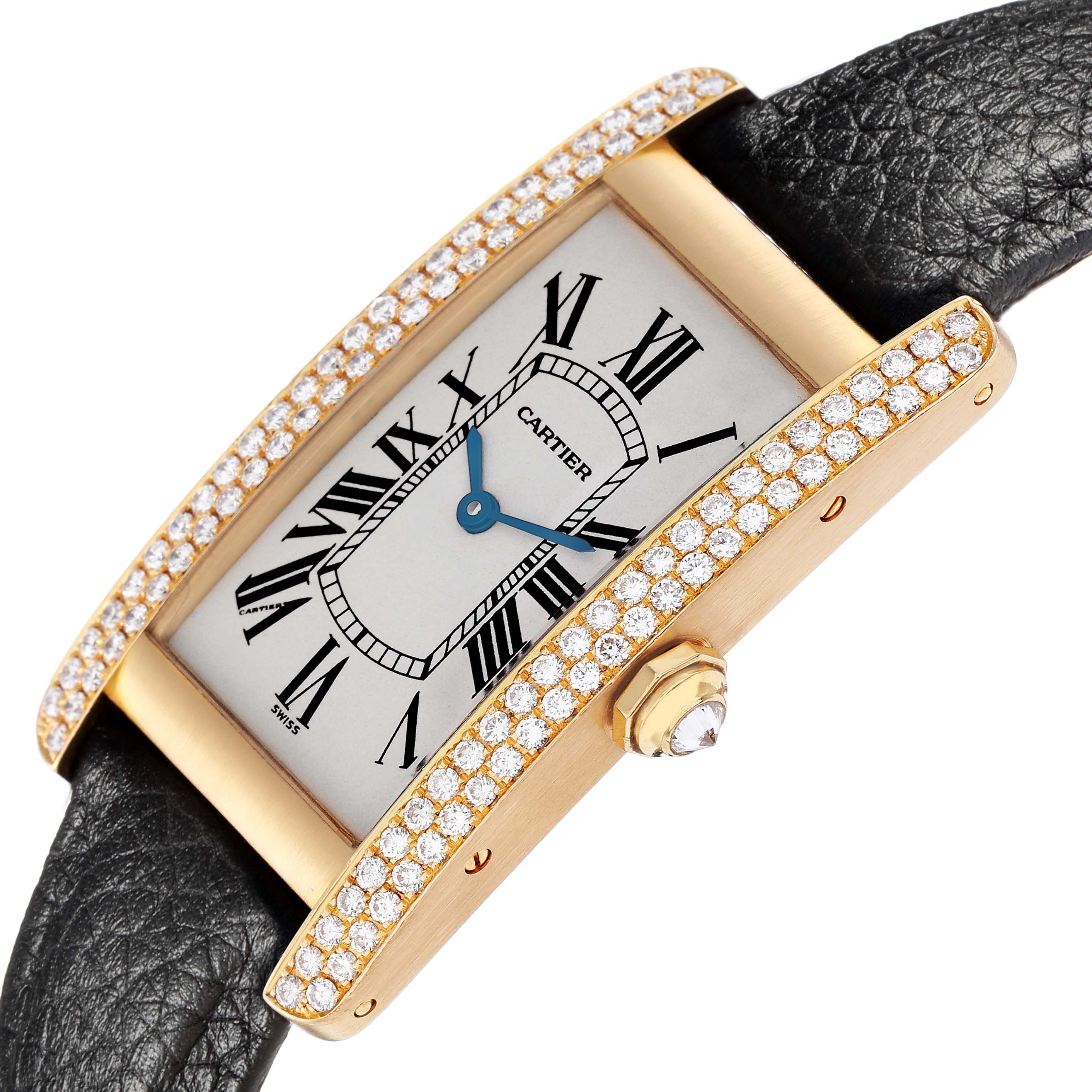 The Cartier Tank Americaine 17201 Men
s Yellow Gold Silver Dial 17201 Men
s Yellow Gold Silver Dial watch is shown at an angled view, highlighting the dial, diamond bezel, and leather strap.