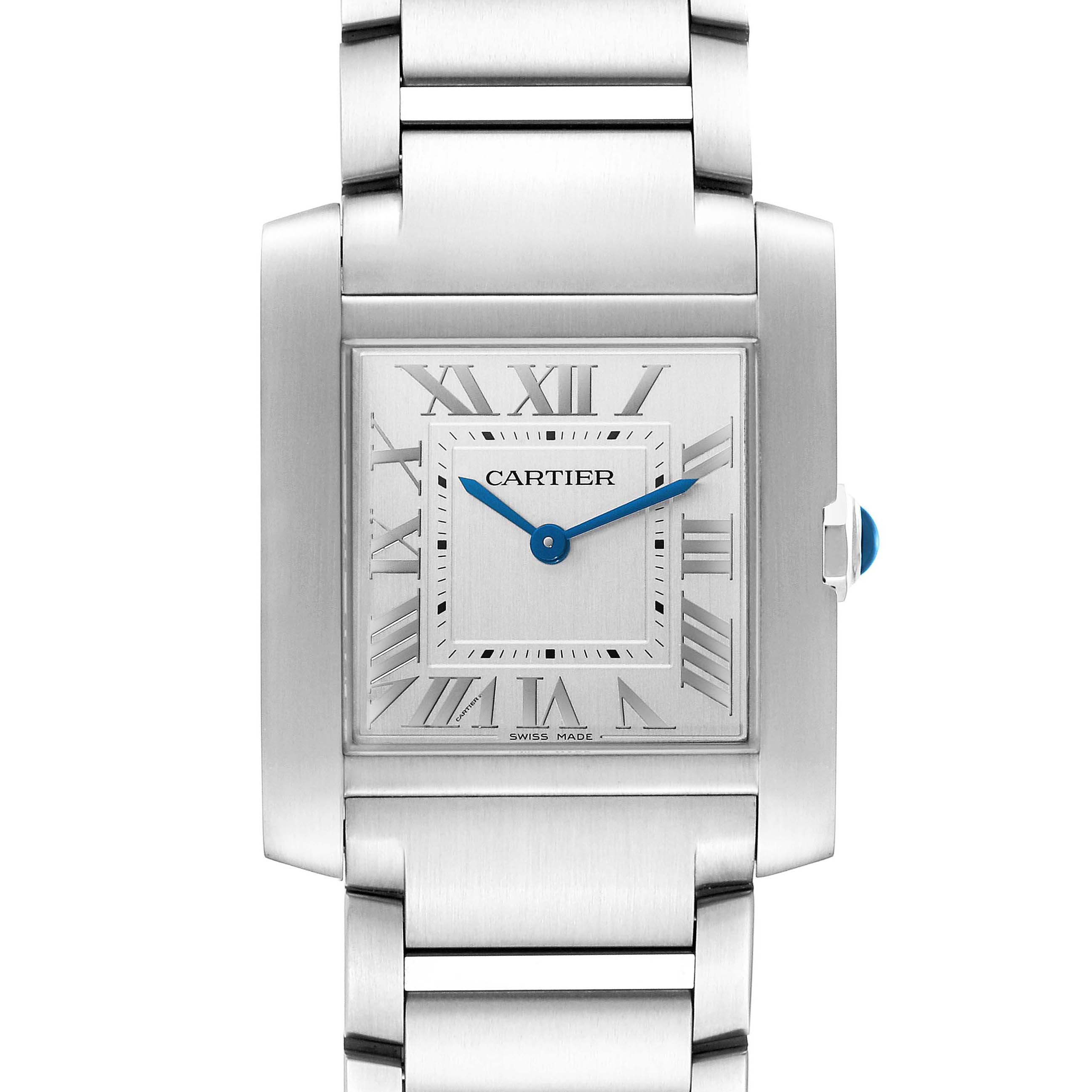The Cartier Tank Francaise WSTA0074 Women
s Stainless Steel Silver Dial WSTA0074 Women
s Stainless Steel Silver Dial watch is shown from a front angle, highlighting its rectangular face, Roman numerals, and metal bracelet.