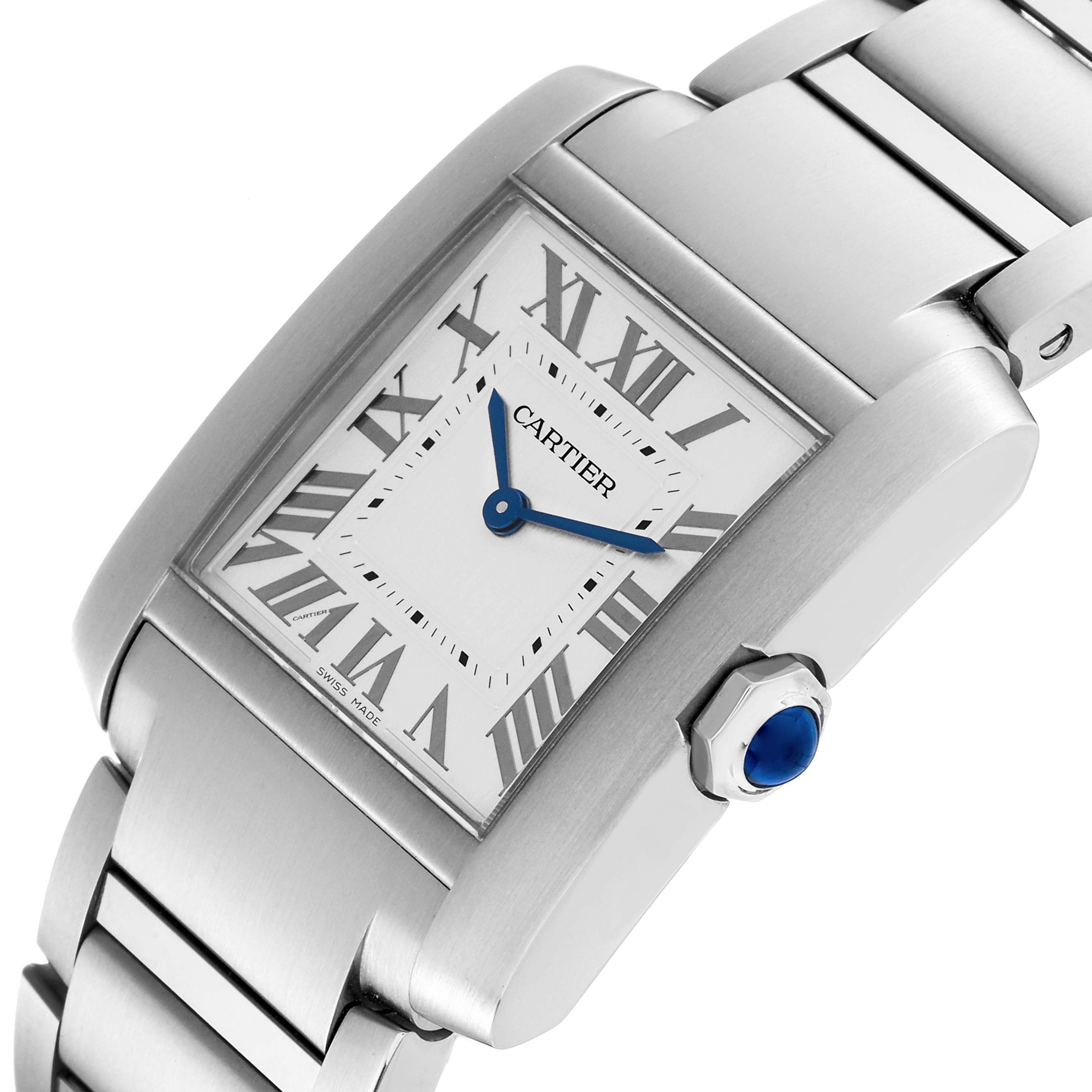 The image shows a close-up angle of the Cartier Tank Francaise WSTA0074 Women
s Stainless Steel Silver Dial WSTA0074 Women
s Stainless Steel Silver Dial watch, highlighting the dial, Roman numerals, blue hands, and part of the bracelet.