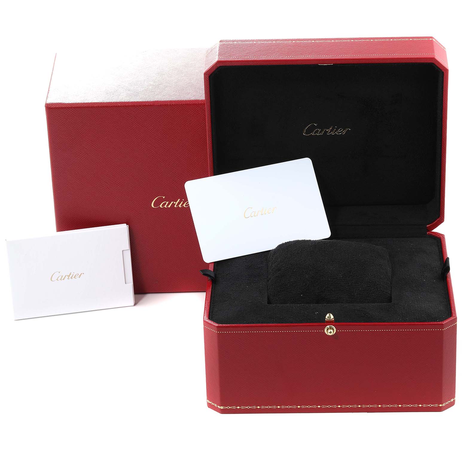 The image shows a Cartier Tank Française watch box set, including red and white boxes, a cushion, and a card.