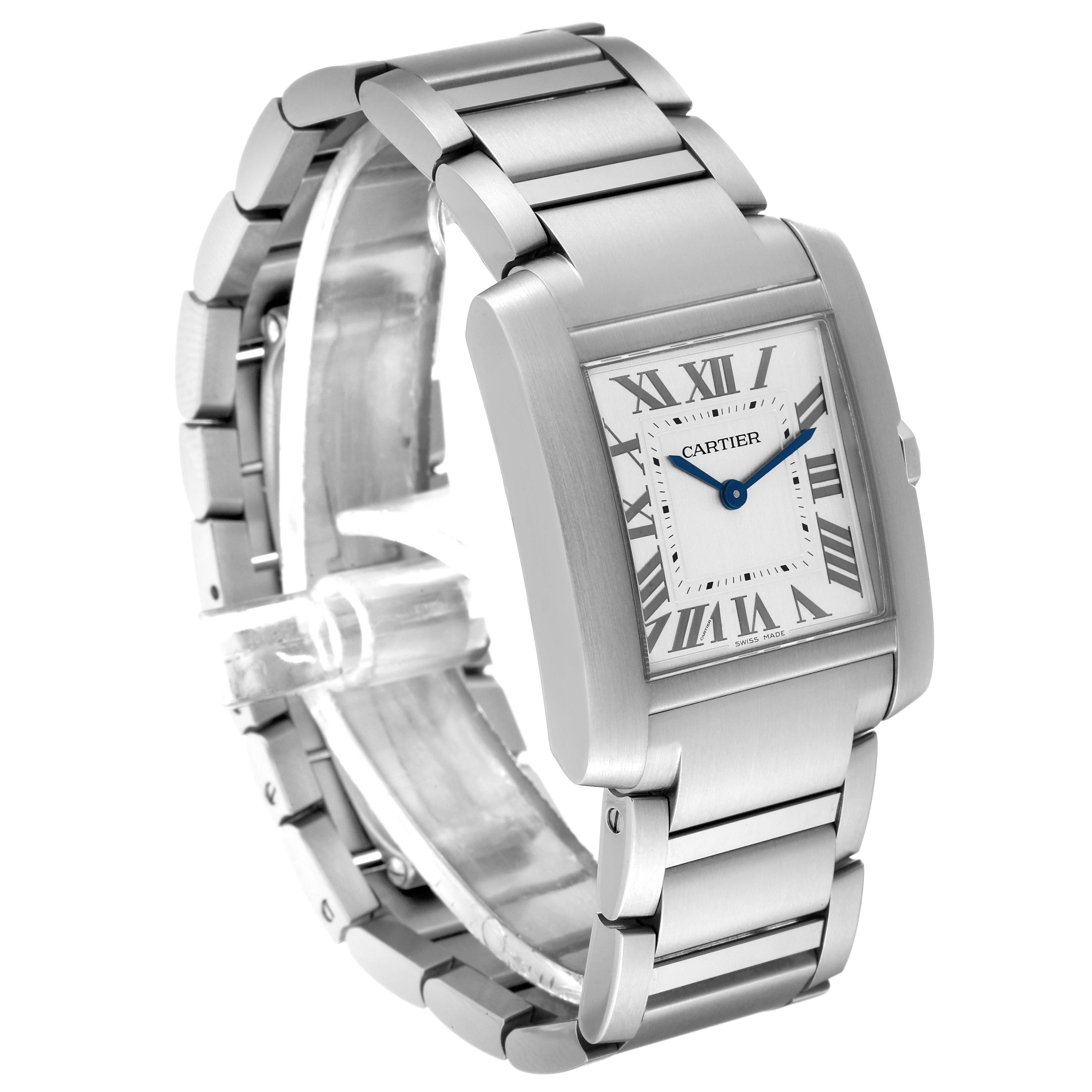 The image shows a side angle of the Cartier Tank Française watch, featuring its bracelet and rectangular dial with Roman numerals.
