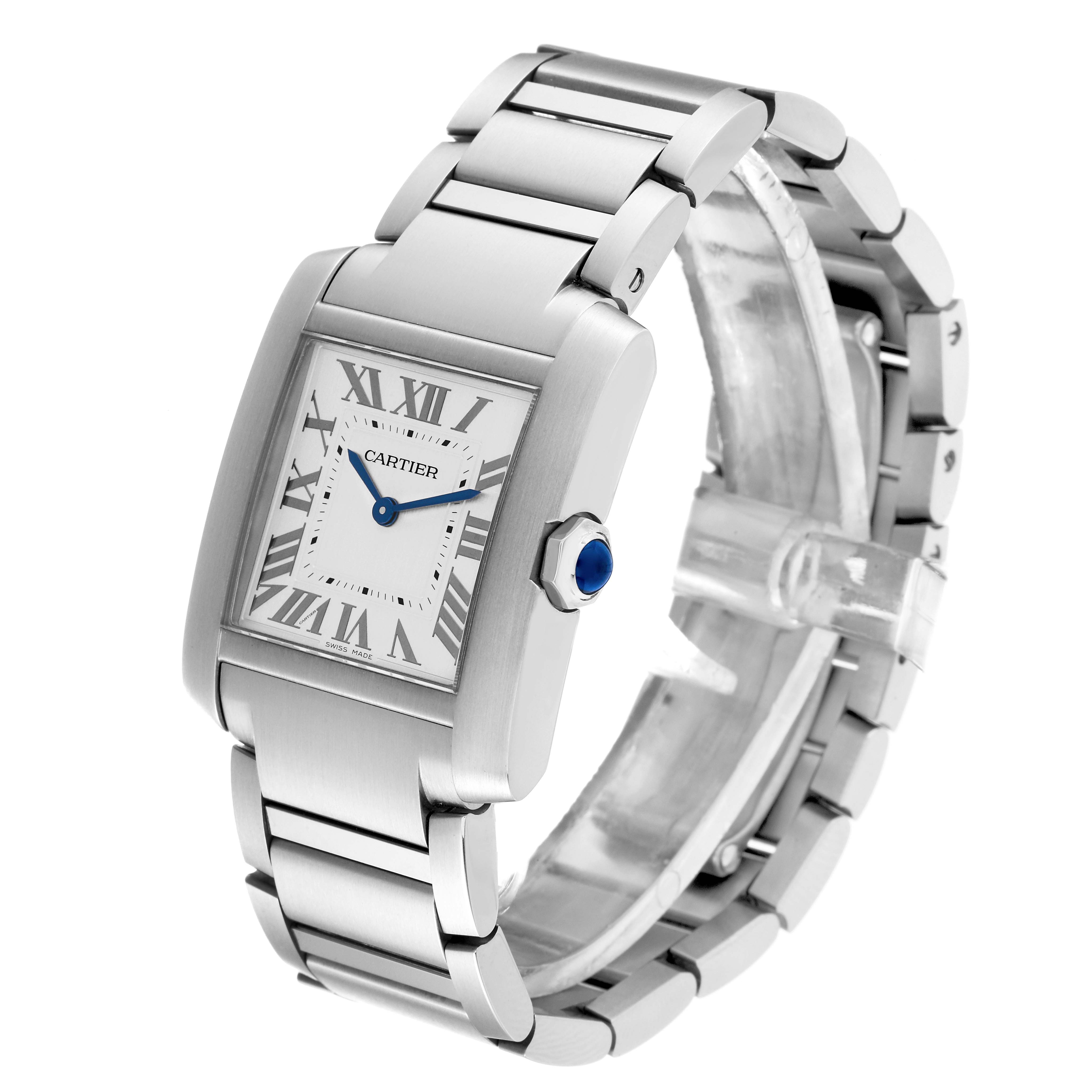 The Cartier Tank Francaise WSTA0074 Women
s Stainless Steel Silver Dial WSTA0074 Women
s Stainless Steel Silver Dial watch is shown at a three-quarter angle, displaying its face, bracelet, and crown.