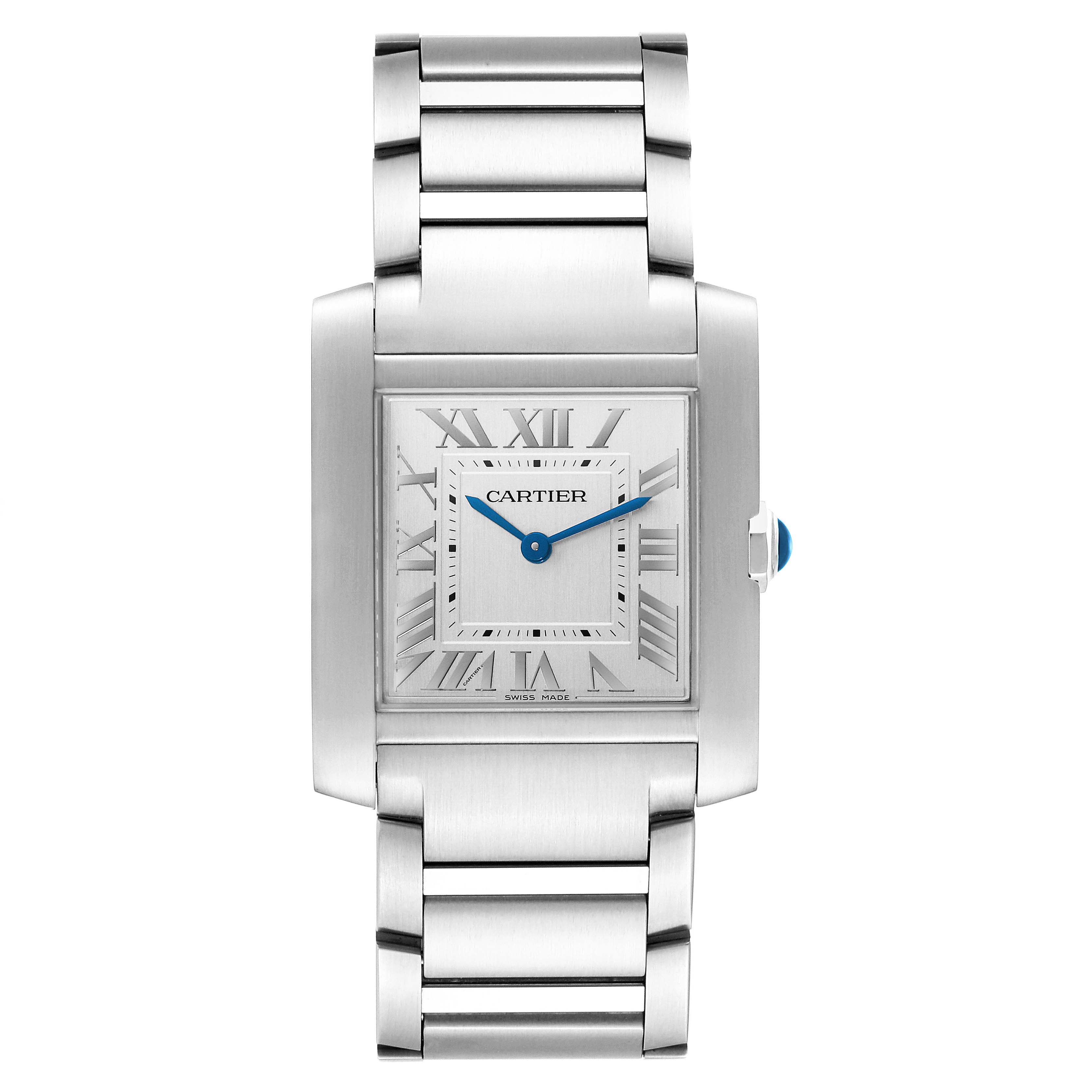The image shows a Cartier Tank Francaise WSTA0074 Women
s Stainless Steel Silver Dial WSTA0074 Women
s Stainless Steel Silver Dial watch from a top-down angle, displaying its face and full metal bracelet.