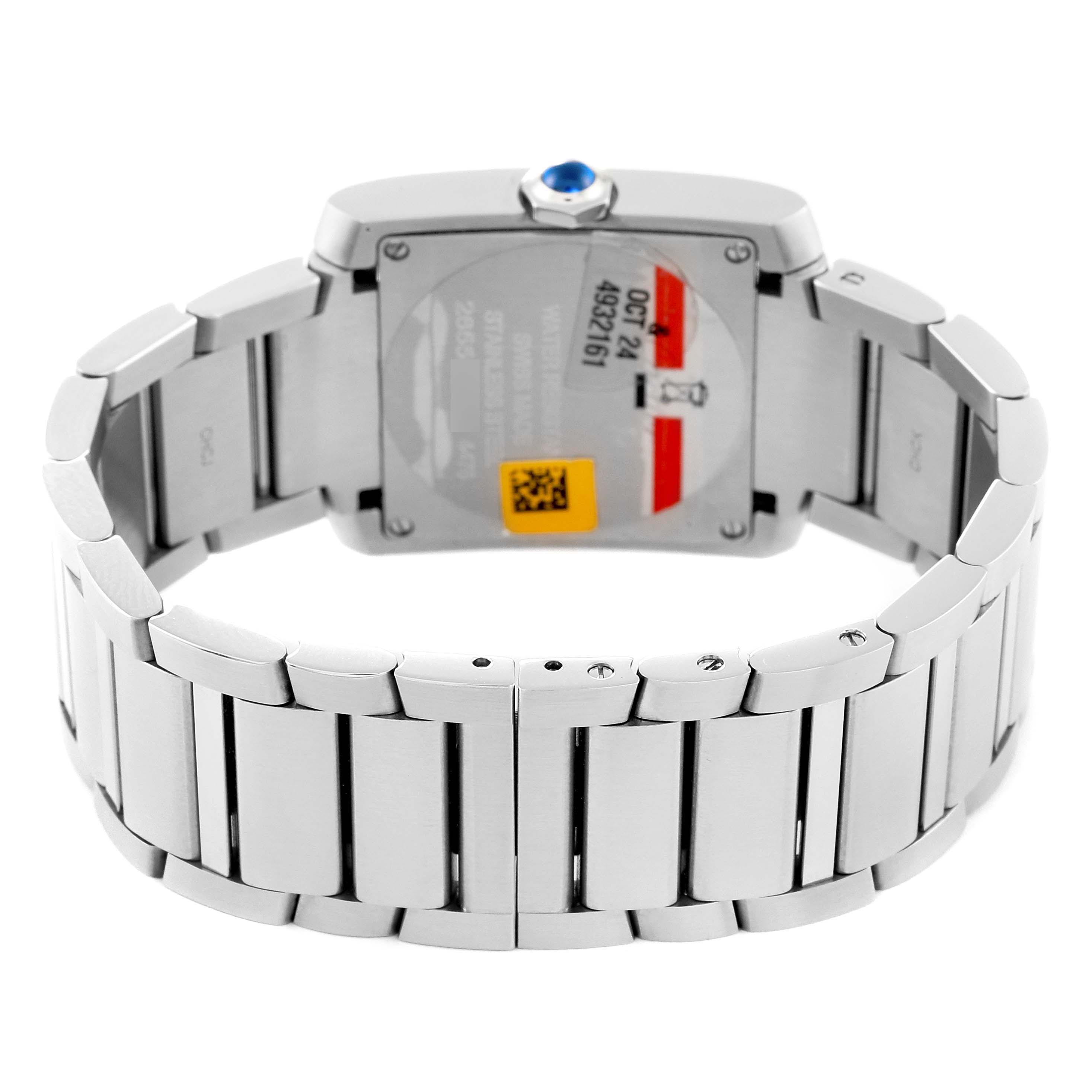 This image shows the back view of a Cartier Tank Francaise WSTA0074 Women
s Stainless Steel Silver Dial WSTA0074 Women
s Stainless Steel Silver Dial watch, highlighting the bracelet and case back.