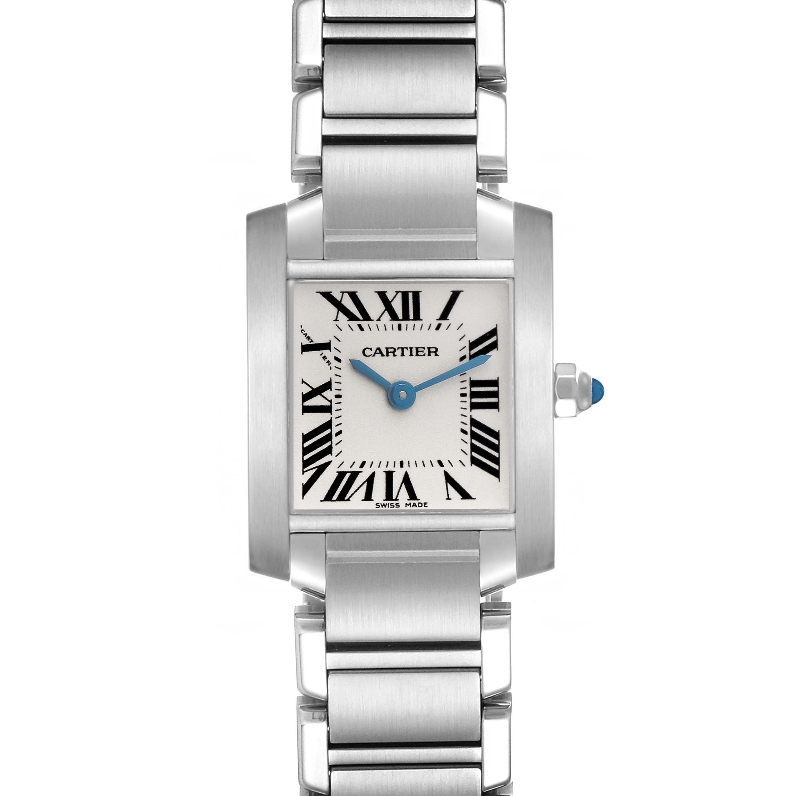 The Cartier Tank Francaise W51008Q3 Women's Stainless Steel Silver Dial W51008Q3 Women's Stainless Steel Silver Dial watch is shown from a top view, featuring the face, case, bracelet, hands, and crown.