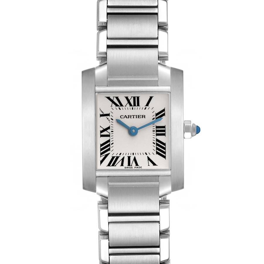 The Cartier Tank Francaise watch is shown from a top view, featuring the face, case, bracelet, hands, and crown.