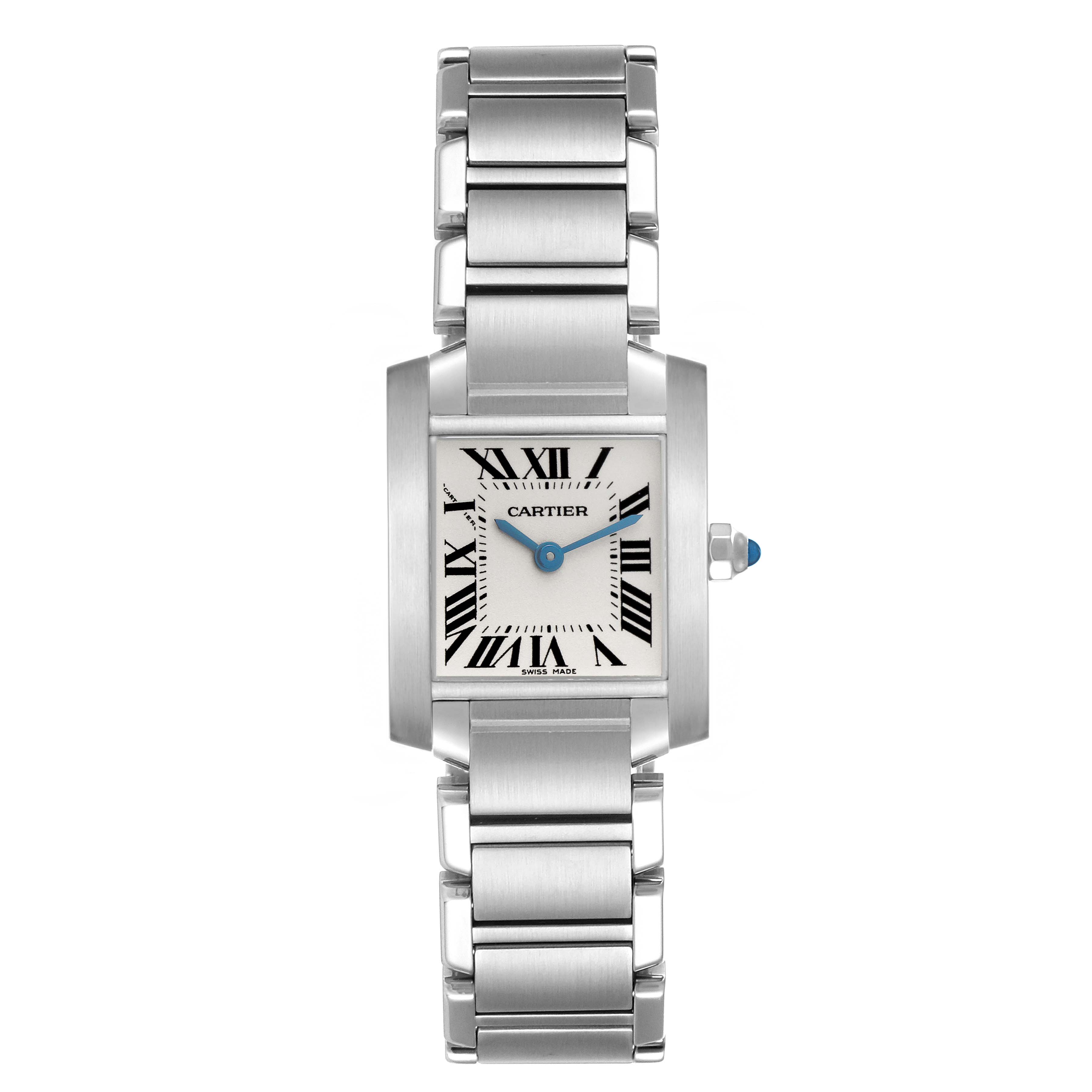 The Cartier Tank Française watch is shown from a top view, highlighting the face, bracelet, and crown with the blue cabochon.