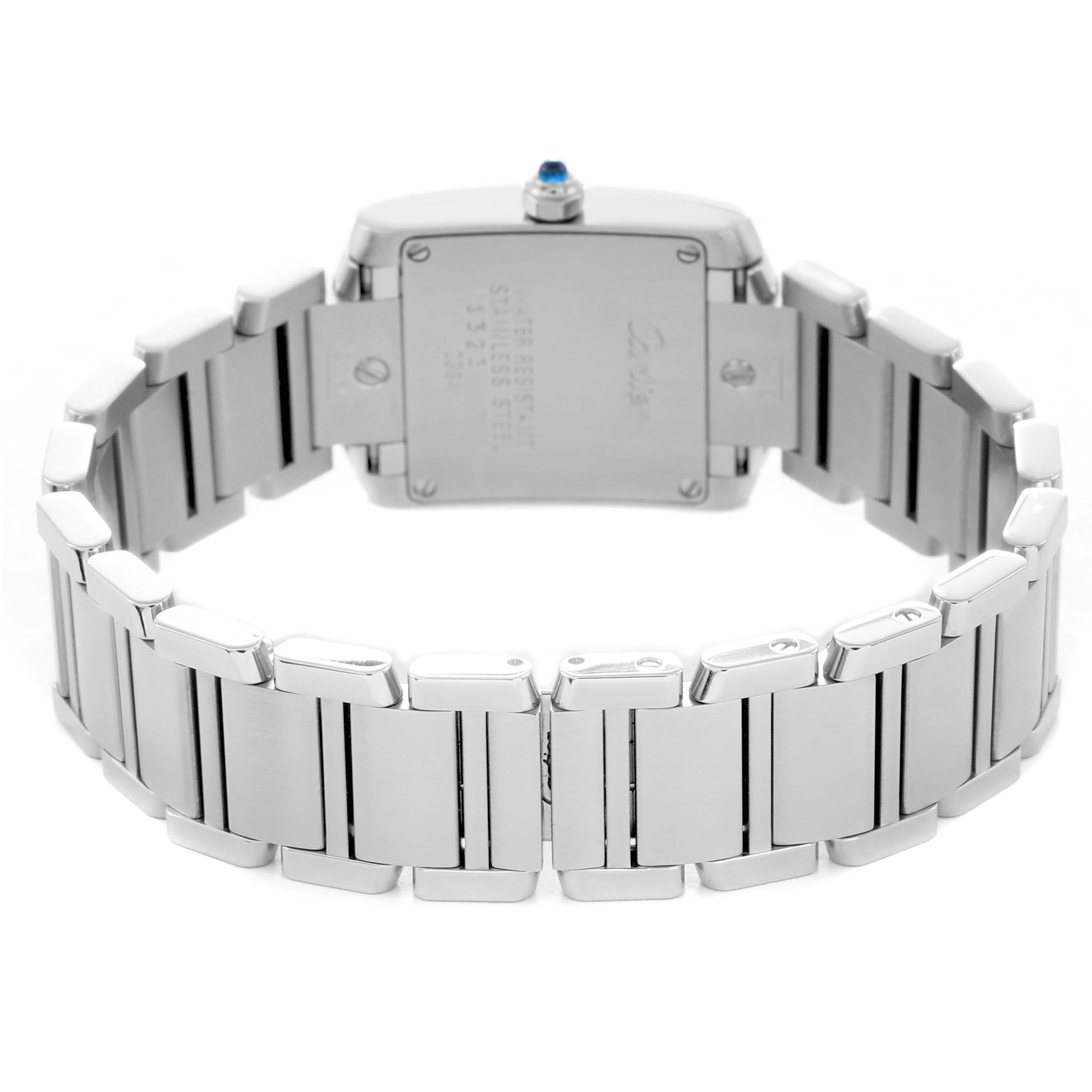 The image shows the back of the Cartier Tank Francaise W51008Q3 Women's Stainless Steel Silver Dial W51008Q3 Women's Stainless Steel Silver Dial watch, highlighting the clasp and stainless steel bracelet.