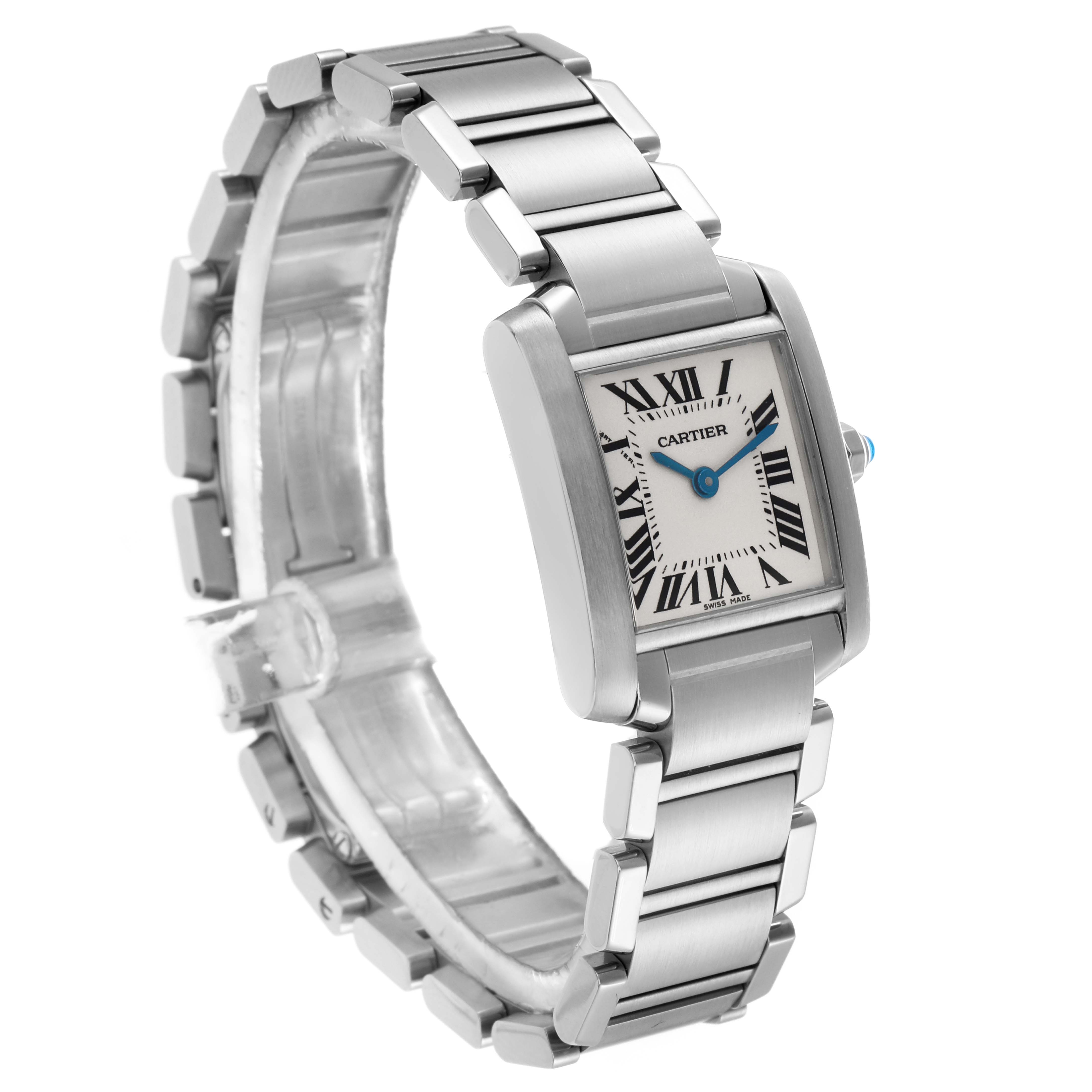 The Cartier Tank Francaise W51008Q3 Women's Stainless Steel Silver Dial W51008Q3 Women's Stainless Steel Silver Dial watch is shown at an angle highlighting the face, bracelet, and crown.