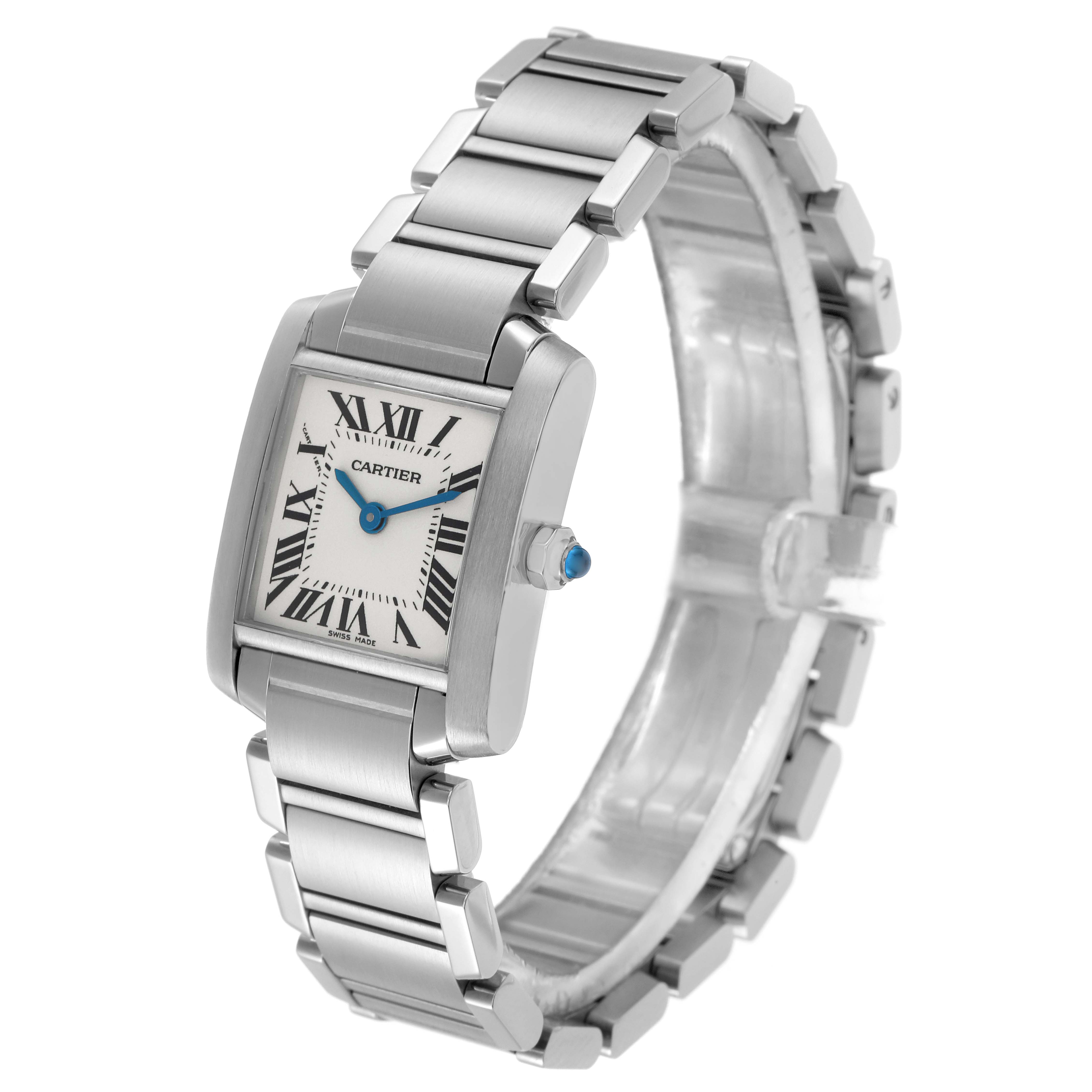 The Cartier Tank Française is shown in a three-quarter angle, highlighting the case, bracelet, and crown with a blue cabochon.