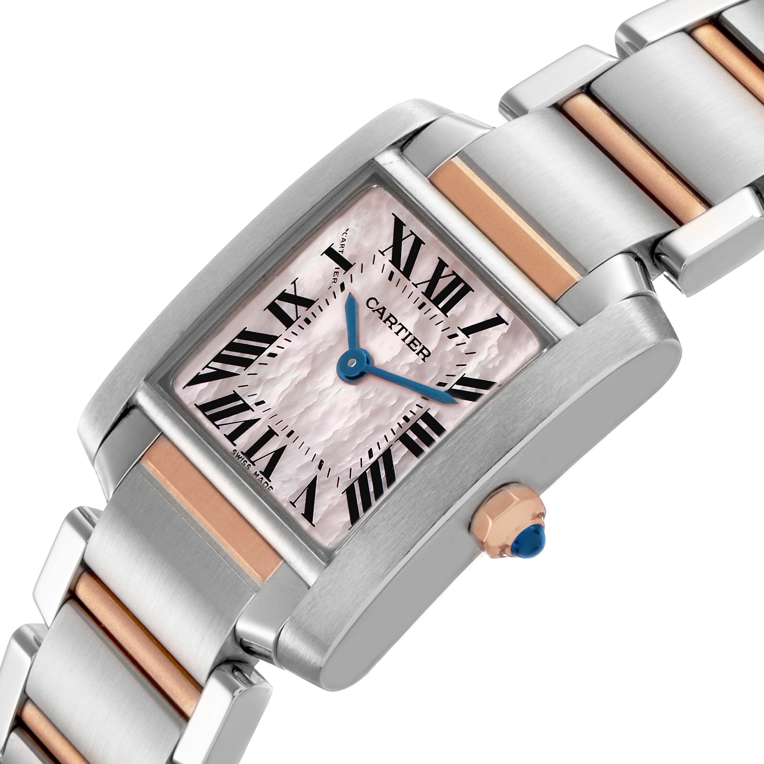 The Cartier Tank Francaise W51027Q4 Women's Steel and Gold (two tone) Mother of Pearl Dial watch is shown at a tilted angle, highlighting the face, bezel, crown, and bracelet.