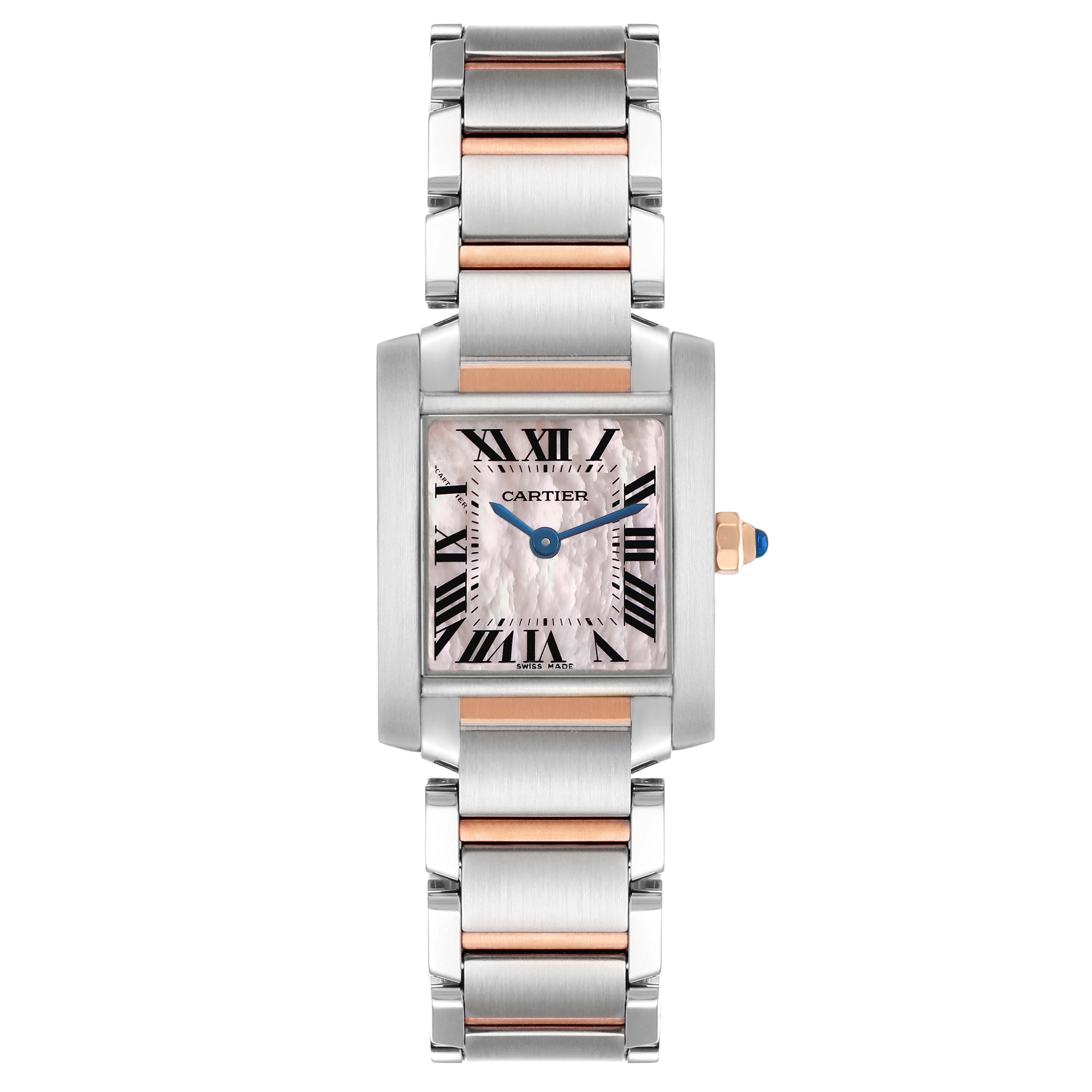 The Cartier Tank Francaise W51027Q4 Women's Steel and Gold (two tone) Mother of Pearl Dial watch is shown from a front angle, highlighting its rectangular face and two-tone metal bracelet.