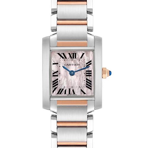 The Cartier Tank Francaise W51027Q4 Women's Steel and Gold (two tone) Mother of Pearl Dial watch is shown front-facing, highlighting its dial, bracelet, and crown with a blue cabochon.