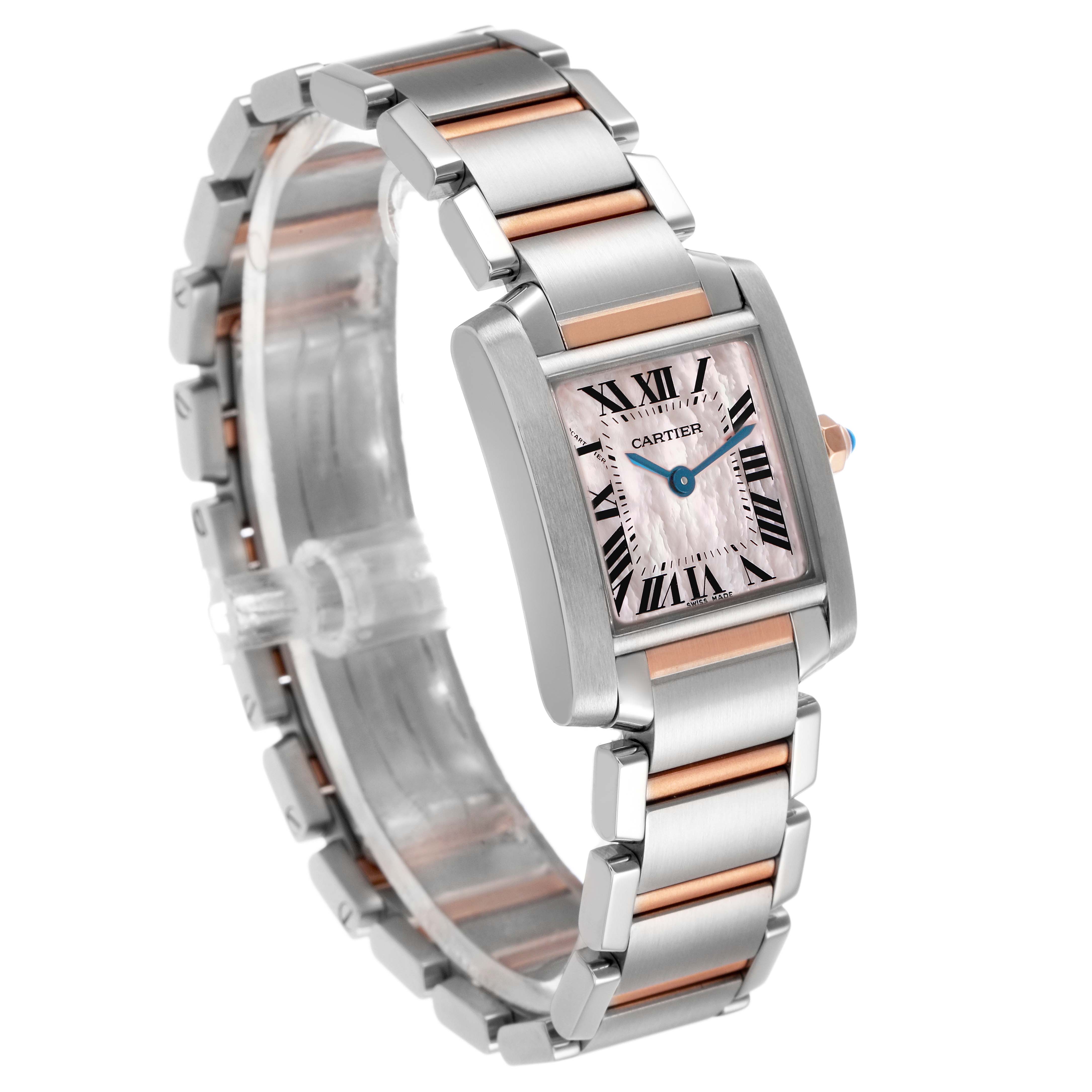 The Cartier Tank Francaise W51027Q4 Women's Steel and Gold (two tone) Mother of Pearl Dial watch is shown at an angled side view, highlighting its rectangular case and metal bracelet.