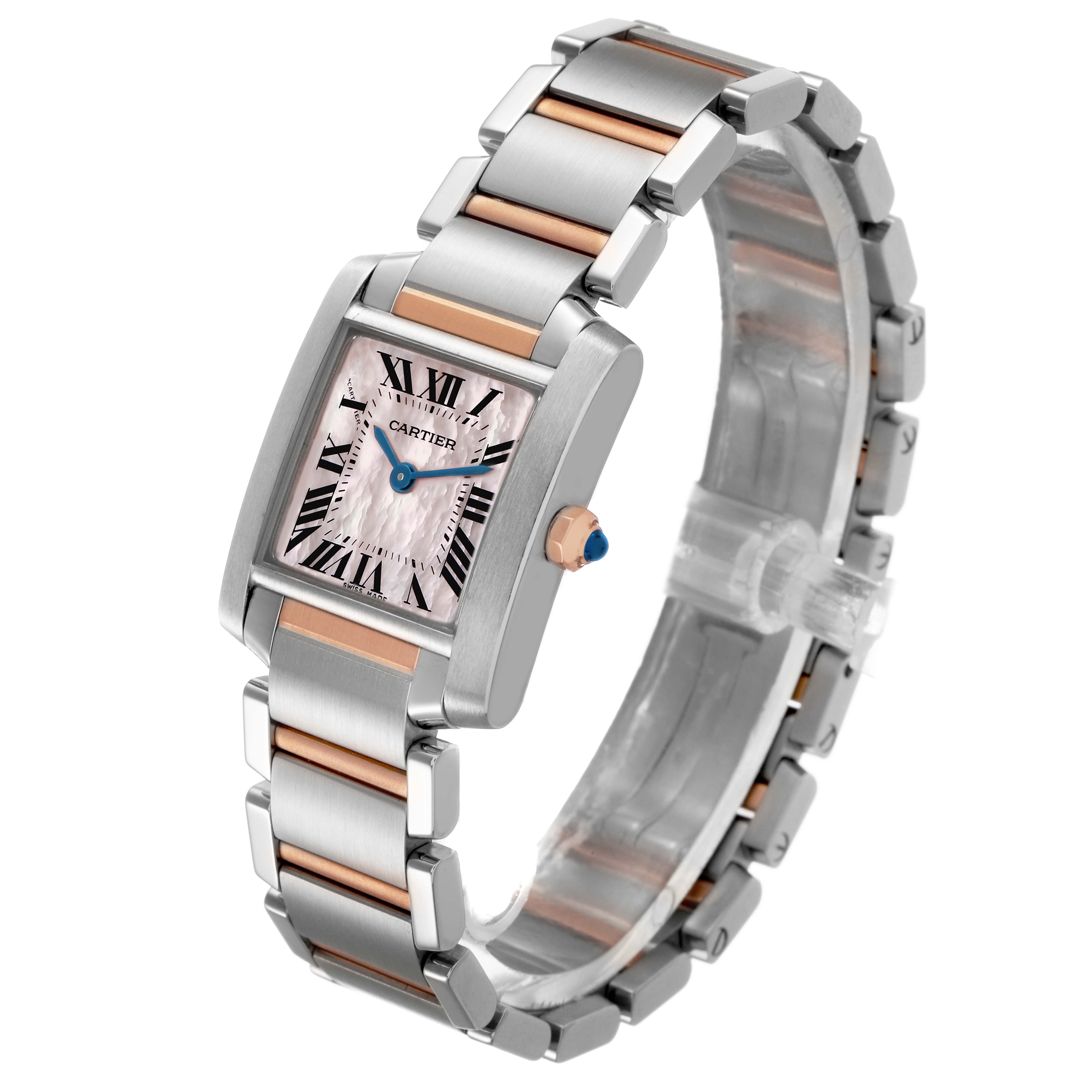 The Cartier Tank Française watch is shown at an angle highlighting the face, bracelet, and side view, featuring a two-tone design.