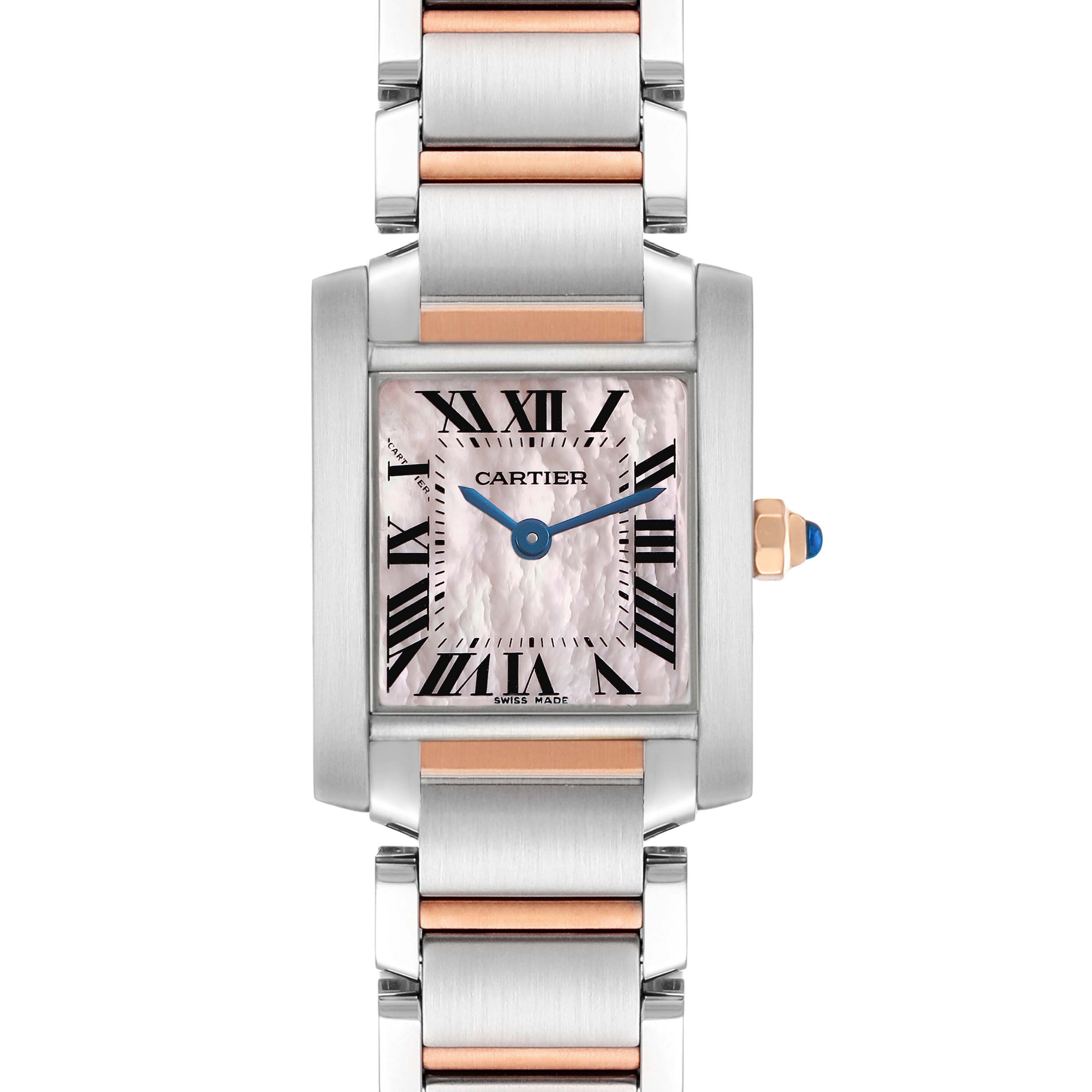 The Cartier Tank Francaise W51027Q4 Women's Steel and Gold (two tone) Mother of Pearl Dial watch is shown from the front, highlighting its square face, Roman numerals, and two-tone bracelet.