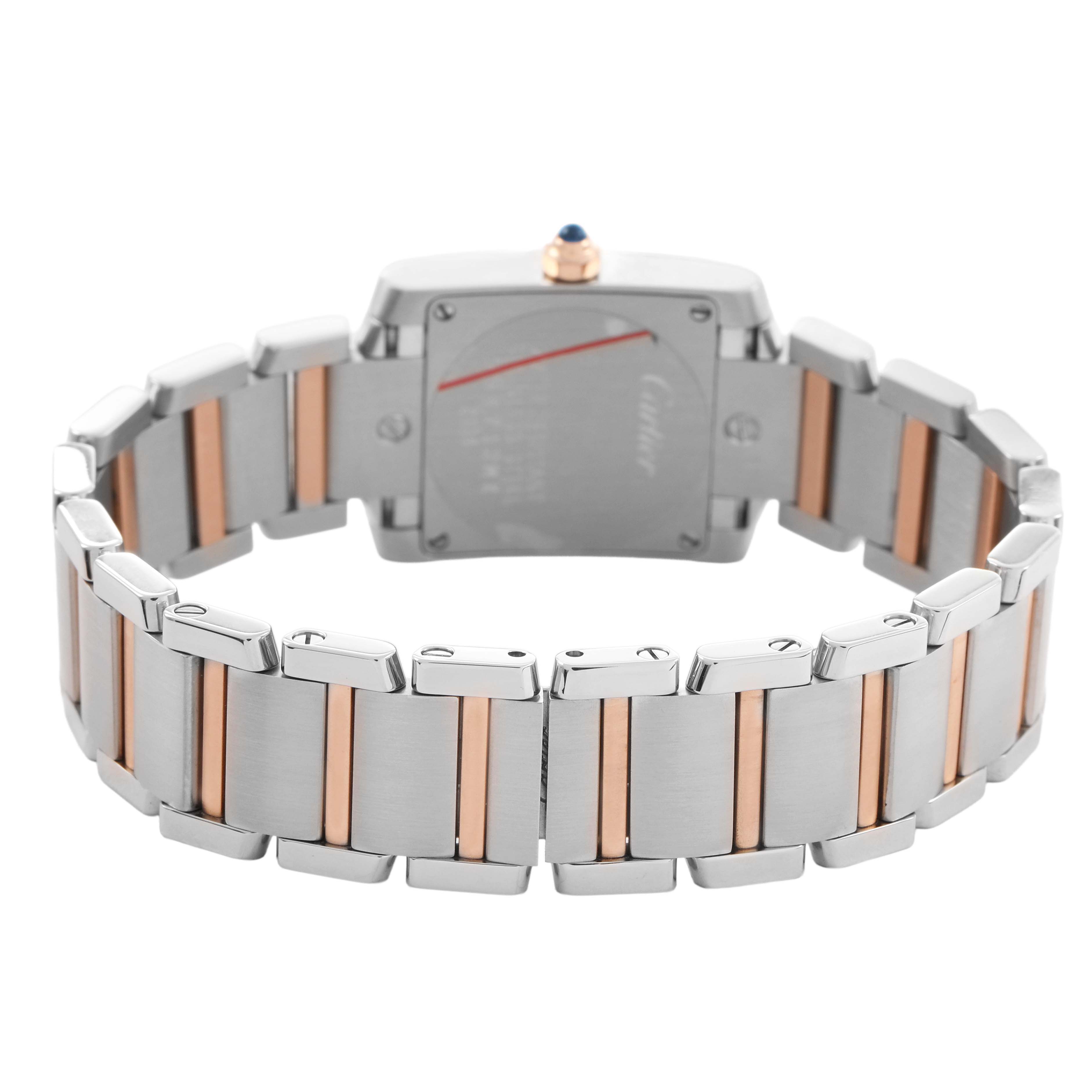 The Cartier Tank Francaise W51027Q4 Women's Steel and Gold (two tone) Mother of Pearl Dial watch is shown from the back, highlighting its stainless steel and gold-toned bracelet.