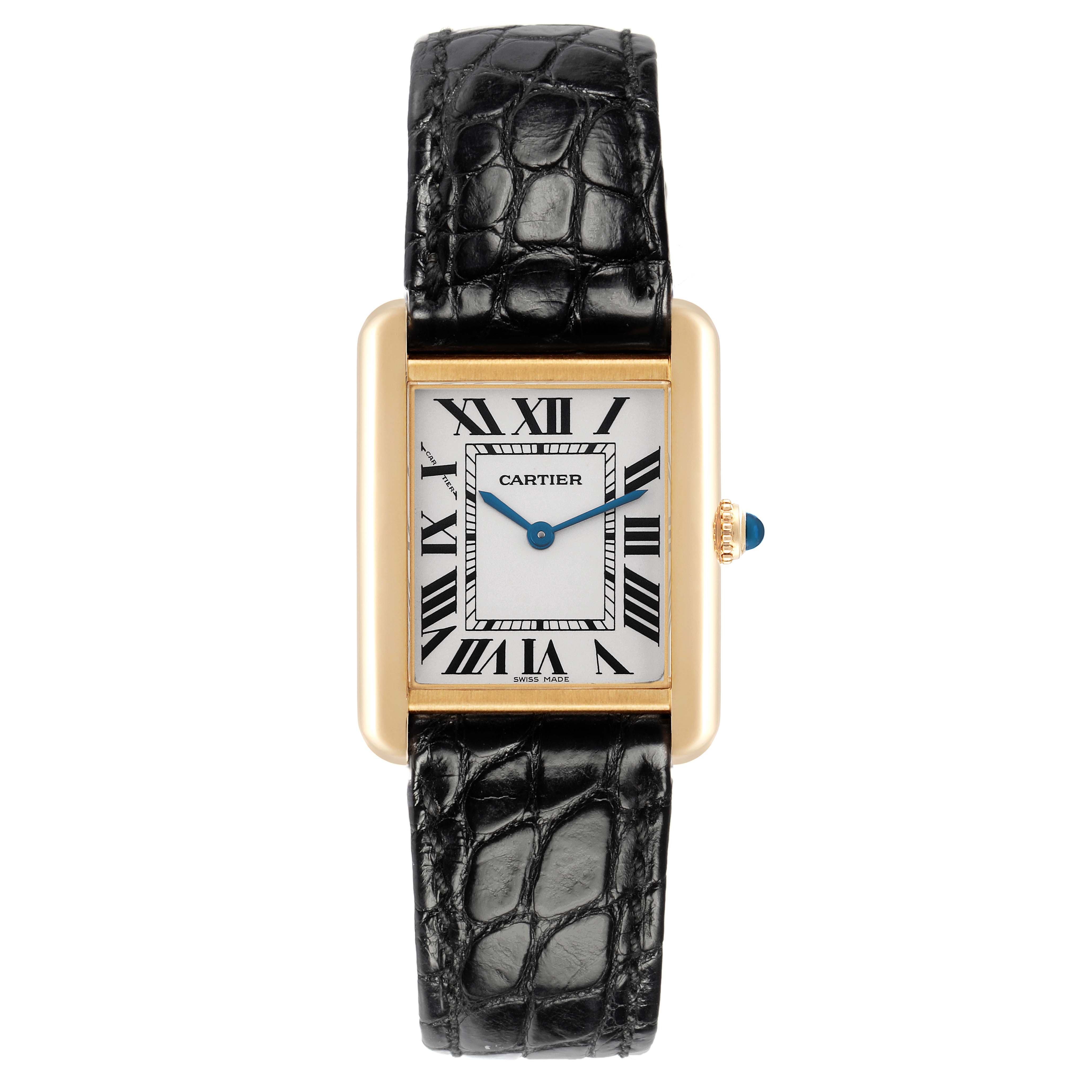 The Cartier Tank Solo W1018755 Women
s Steel and Gold (two tone) Silver Dial W1018755 Women
s Steel and Gold (two tone) Silver Dial watch is shown from a top view, displaying the rectangular face, Roman numerals, and black leather strap.