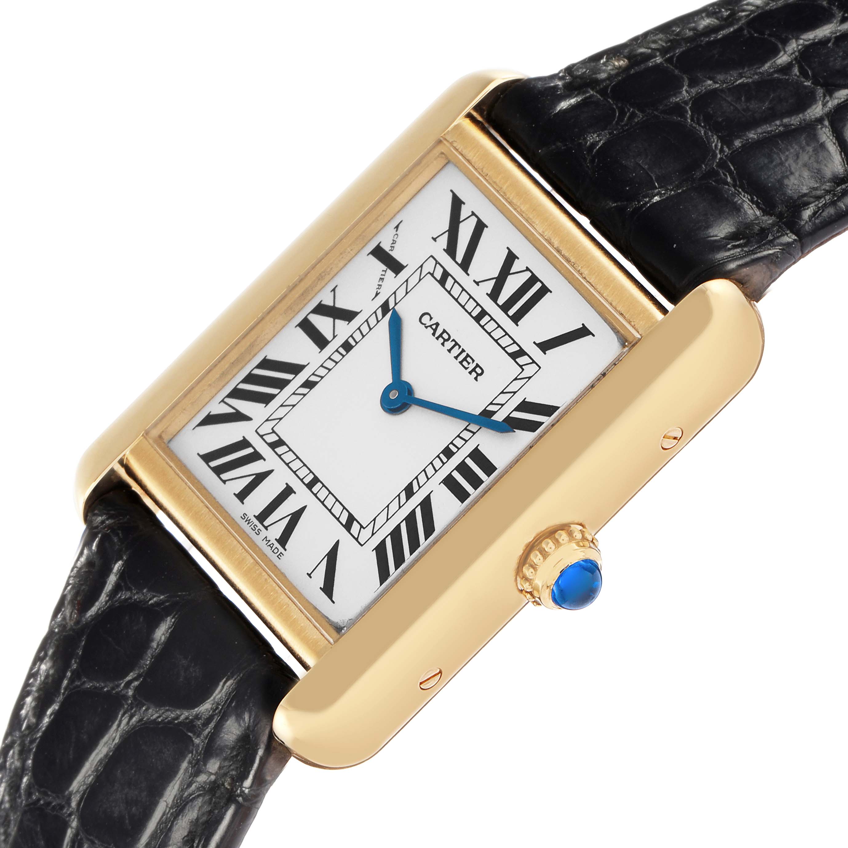 The Cartier Tank Solo W1018755 Women
s Steel and Gold (two tone) Silver Dial W1018755 Women
s Steel and Gold (two tone) Silver Dial watch is shown at an angle highlighting its rectangular face, Roman numerals, gold case, and black leather strap.