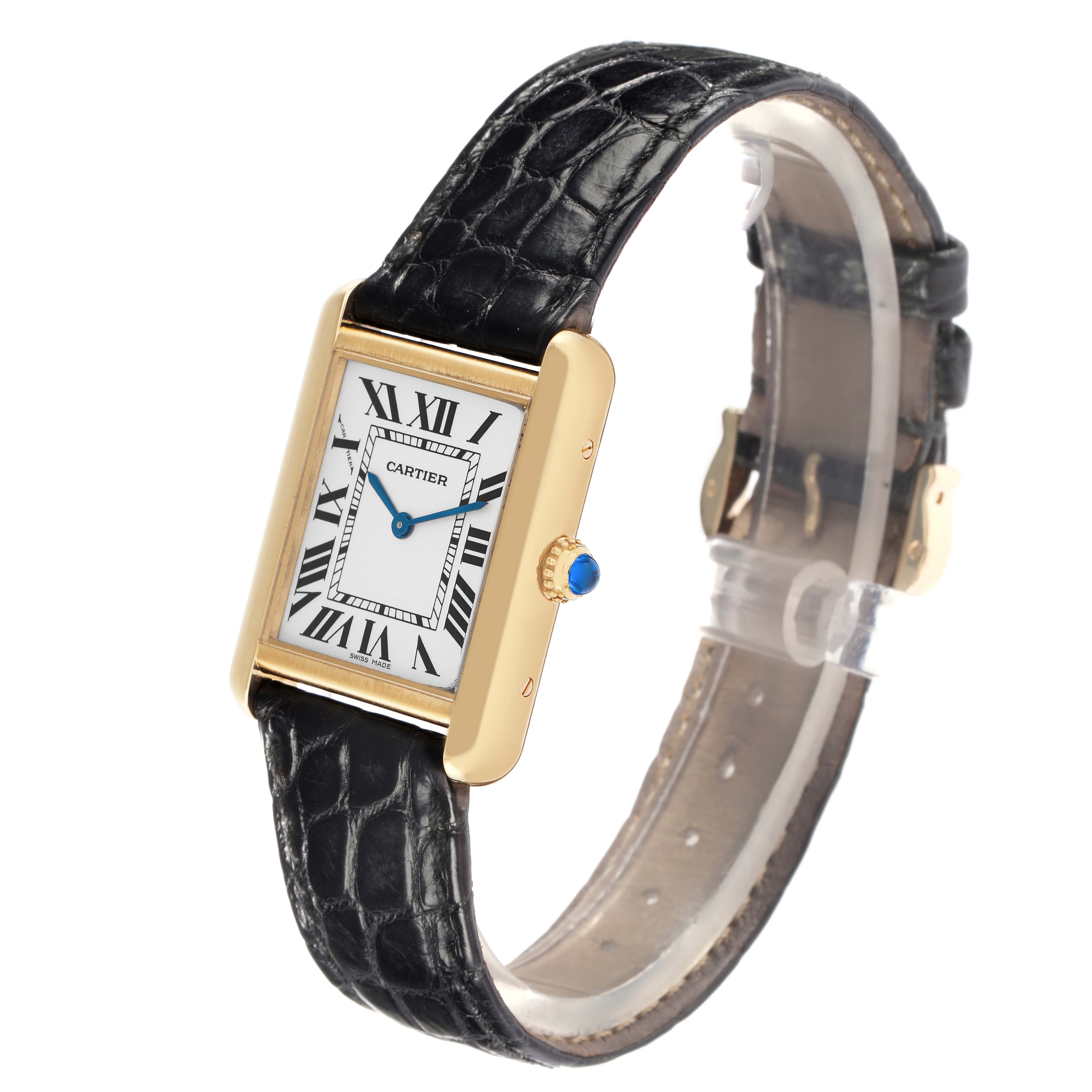 The Cartier Tank Solo W1018755 Women
s Steel and Gold (two tone) Silver Dial W1018755 Women
s Steel and Gold (two tone) Silver Dial watch is shown at a three-quarter angle, displaying the face, crown, and black leather strap.