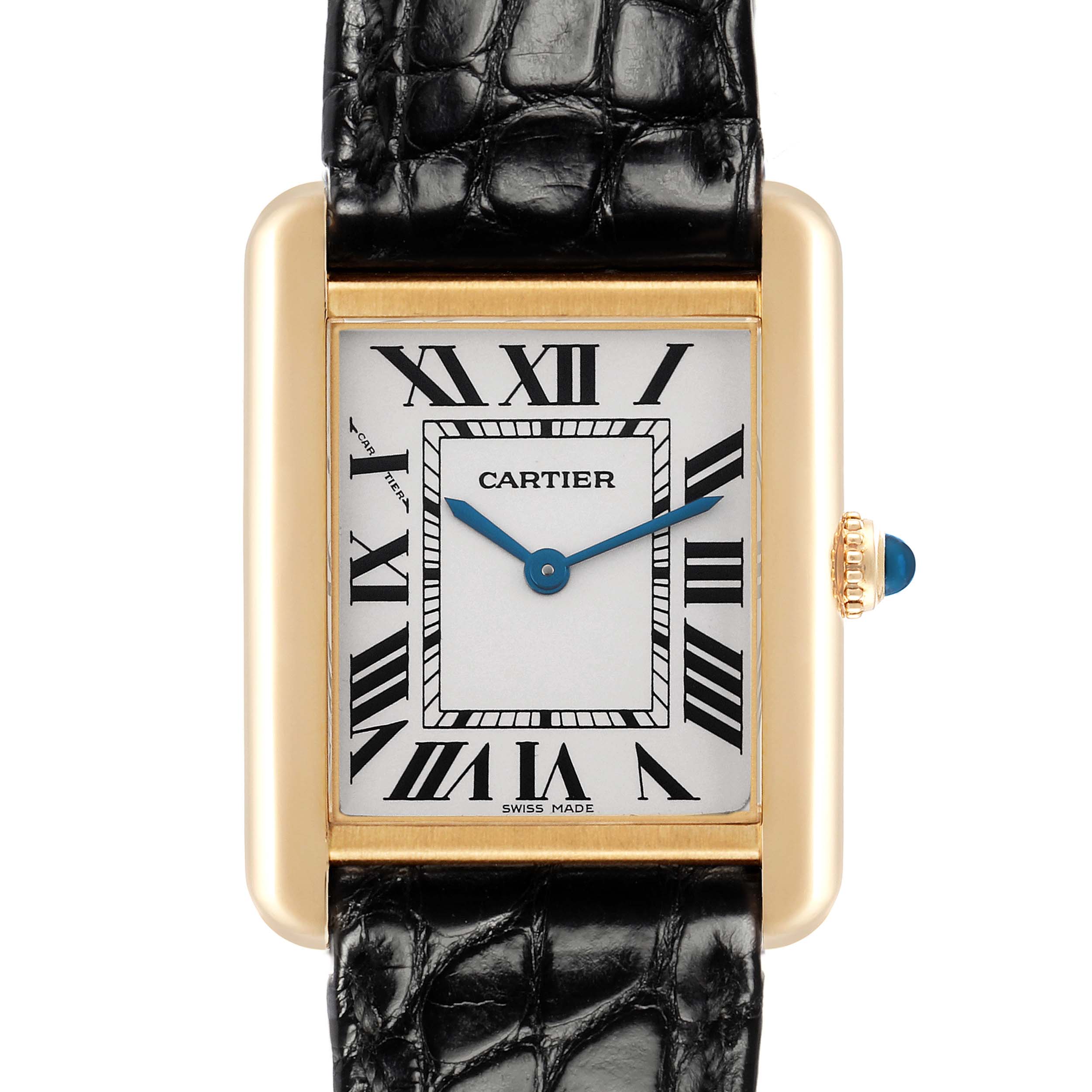 The Cartier Tank Solo W1018755 Women
s Steel and Gold (two tone) Silver Dial W1018755 Women
s Steel and Gold (two tone) Silver Dial watch is shown from a front angle, featuring the dial, Roman numerals, and leather strap.