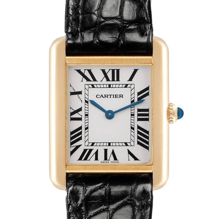 The Cartier Tank Solo watch is shown from a front angle, featuring the dial, Roman numerals, and leather strap.