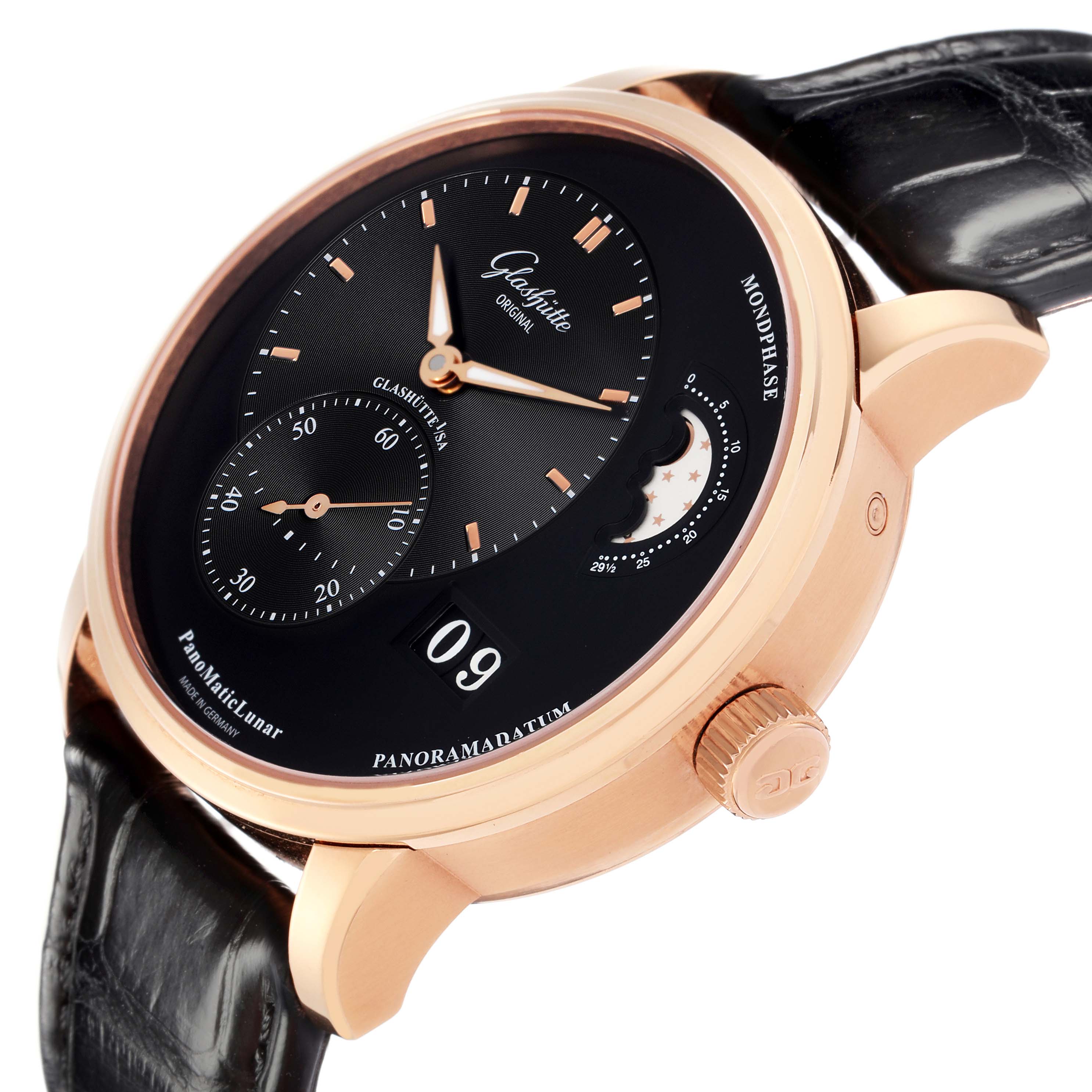 The Glashütte Pano watch is shown at an angle, highlighting its dial, moon phase, subdial, and crown.