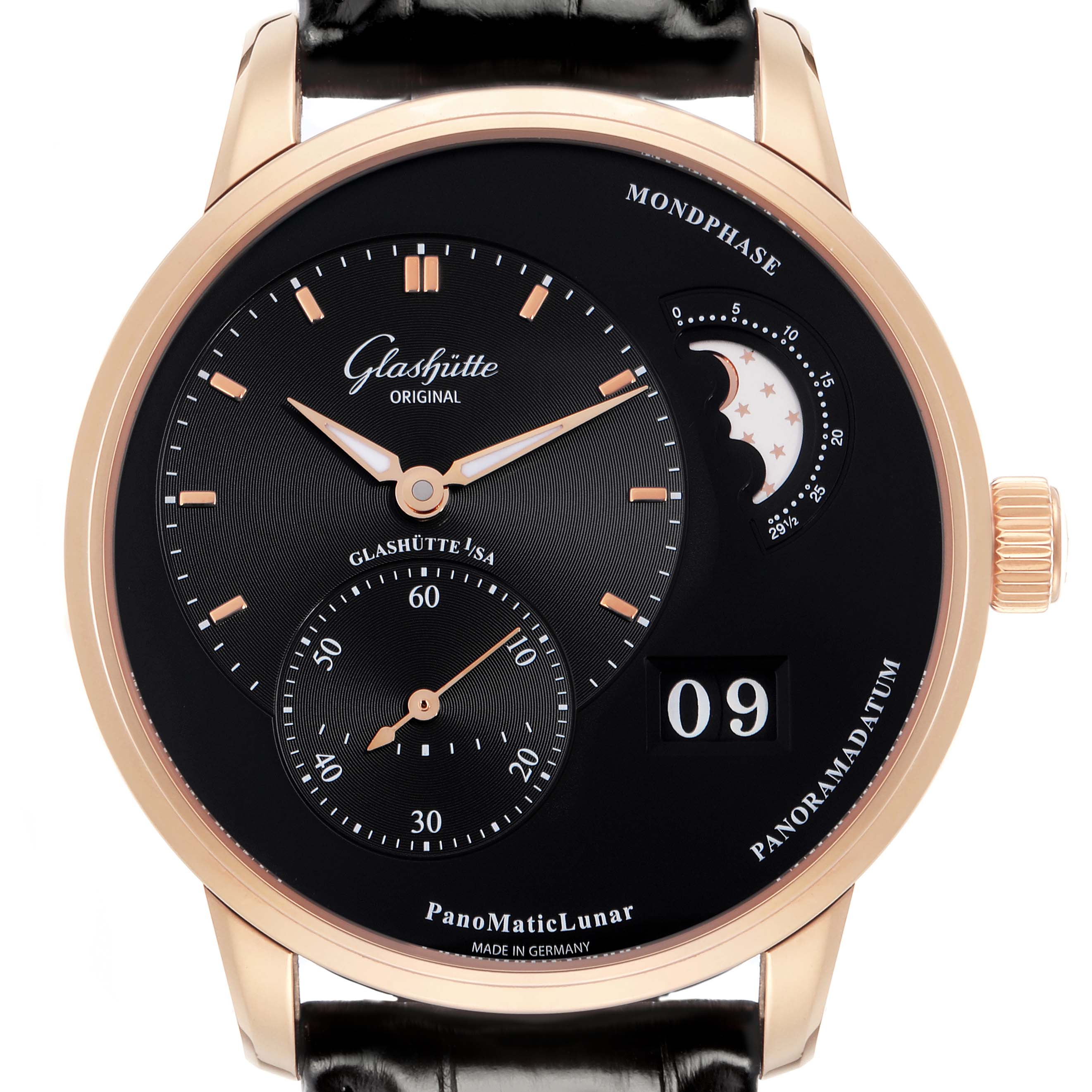 The Glashütte Pano model is shown from a front angle, revealing the dial, moonphase, date, and watch hands.