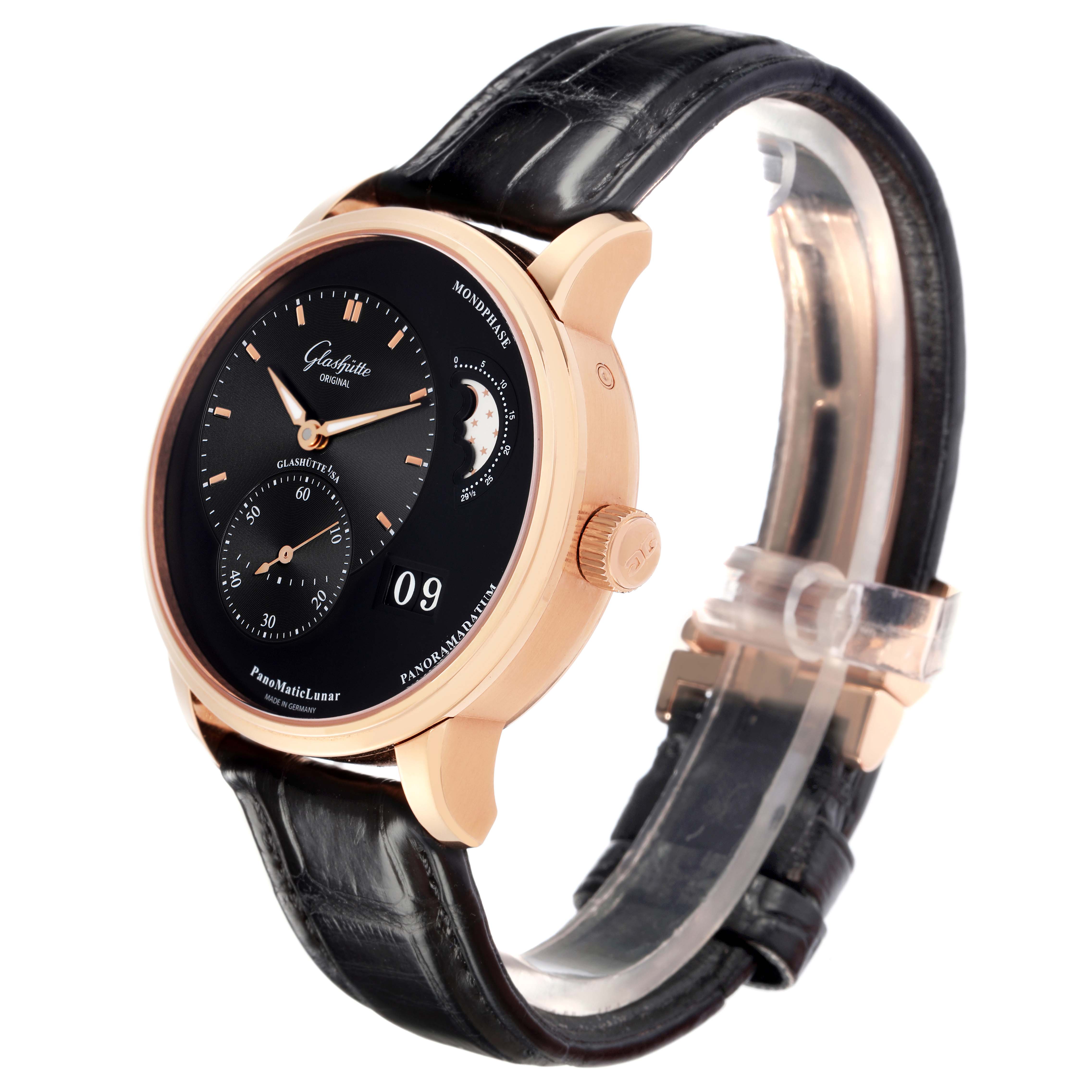 The Glashütte Pano model is shown at a slight side angle, highlighting the case, dial, crown, and leather strap.