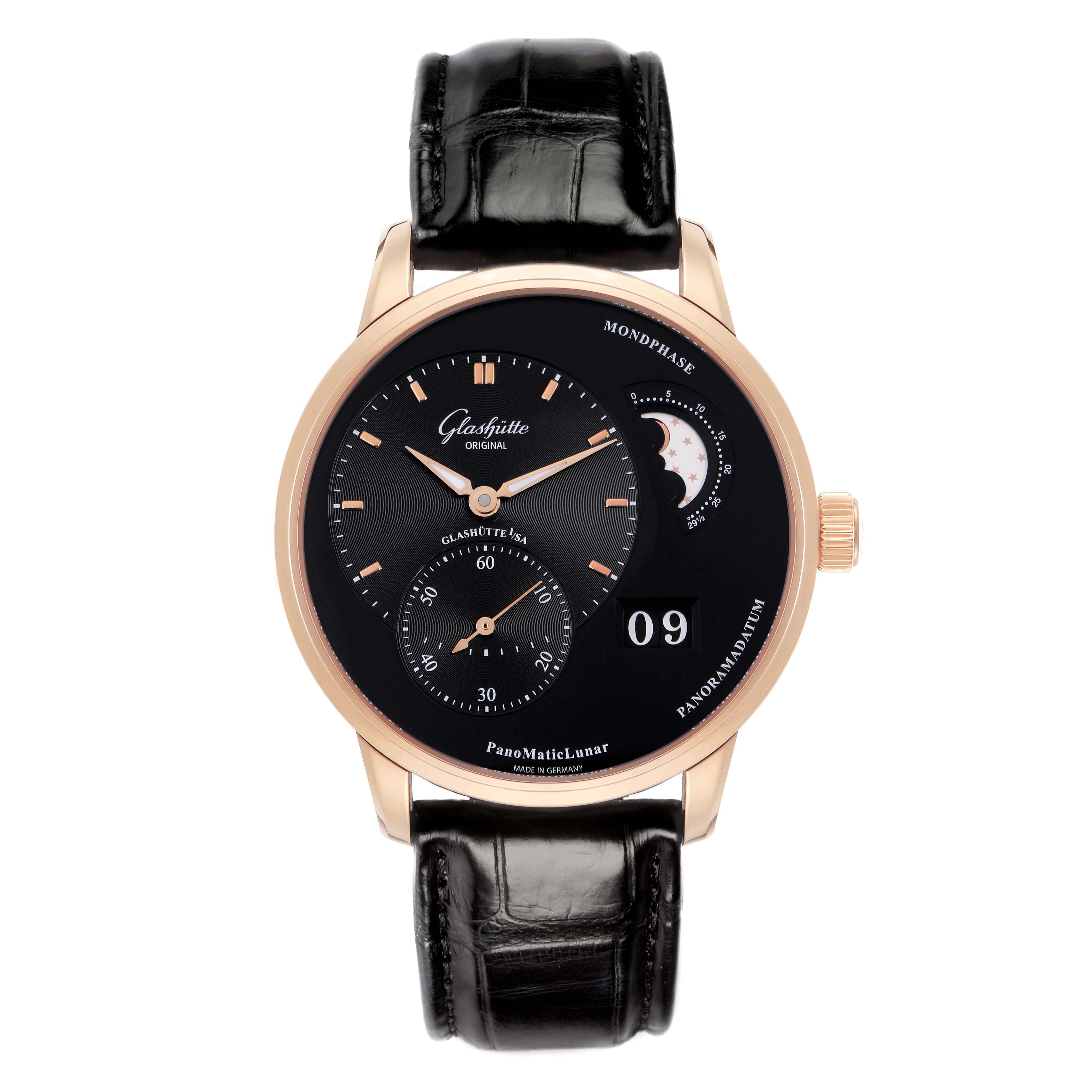 The image shows a Glashütte PanoMaticLunar watch from a front angle, displaying its dial, moon phase, and strap.