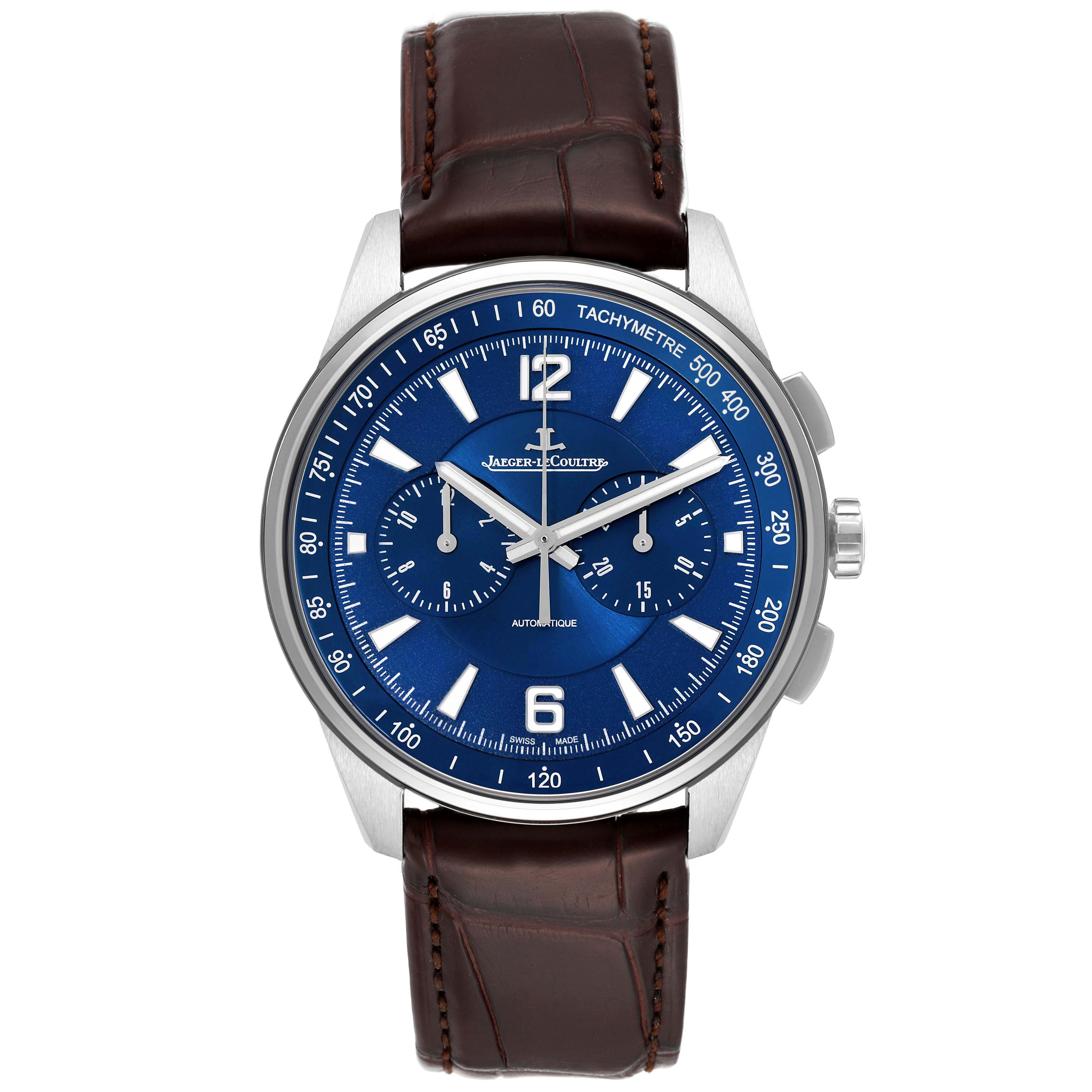 The Polaris model by Jaeger-LeCoultre is shown from a top-down angle, displaying its blue dial, tachymeter, and brown leather strap.