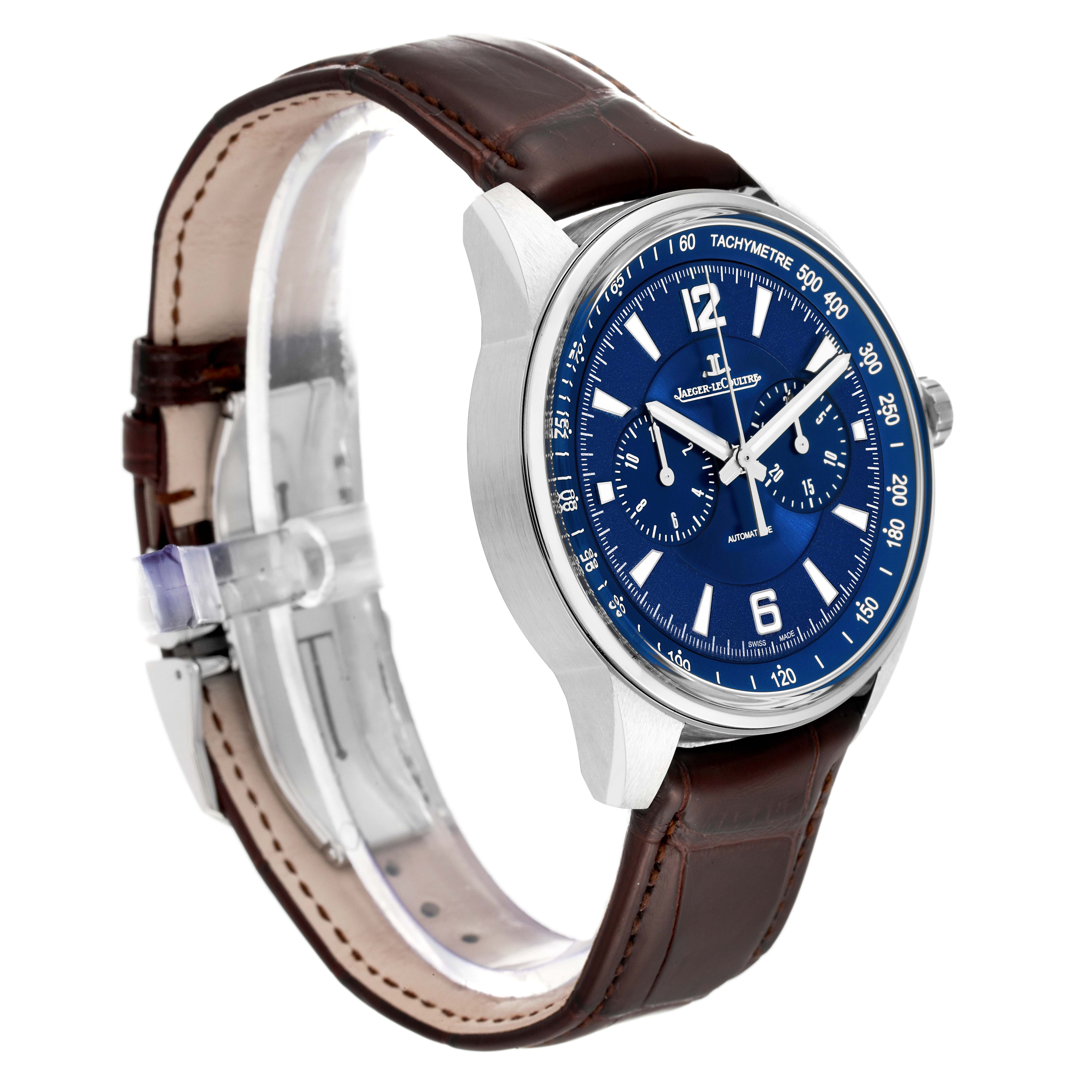 The image shows a Jaeger LeCoultre Polaris Q9028480 Men's Stainless Steel Blue Dial Q9028480 Men's Stainless Steel Blue Dial watch from a three-quarter angle, highlighting its blue dial and brown leather strap.