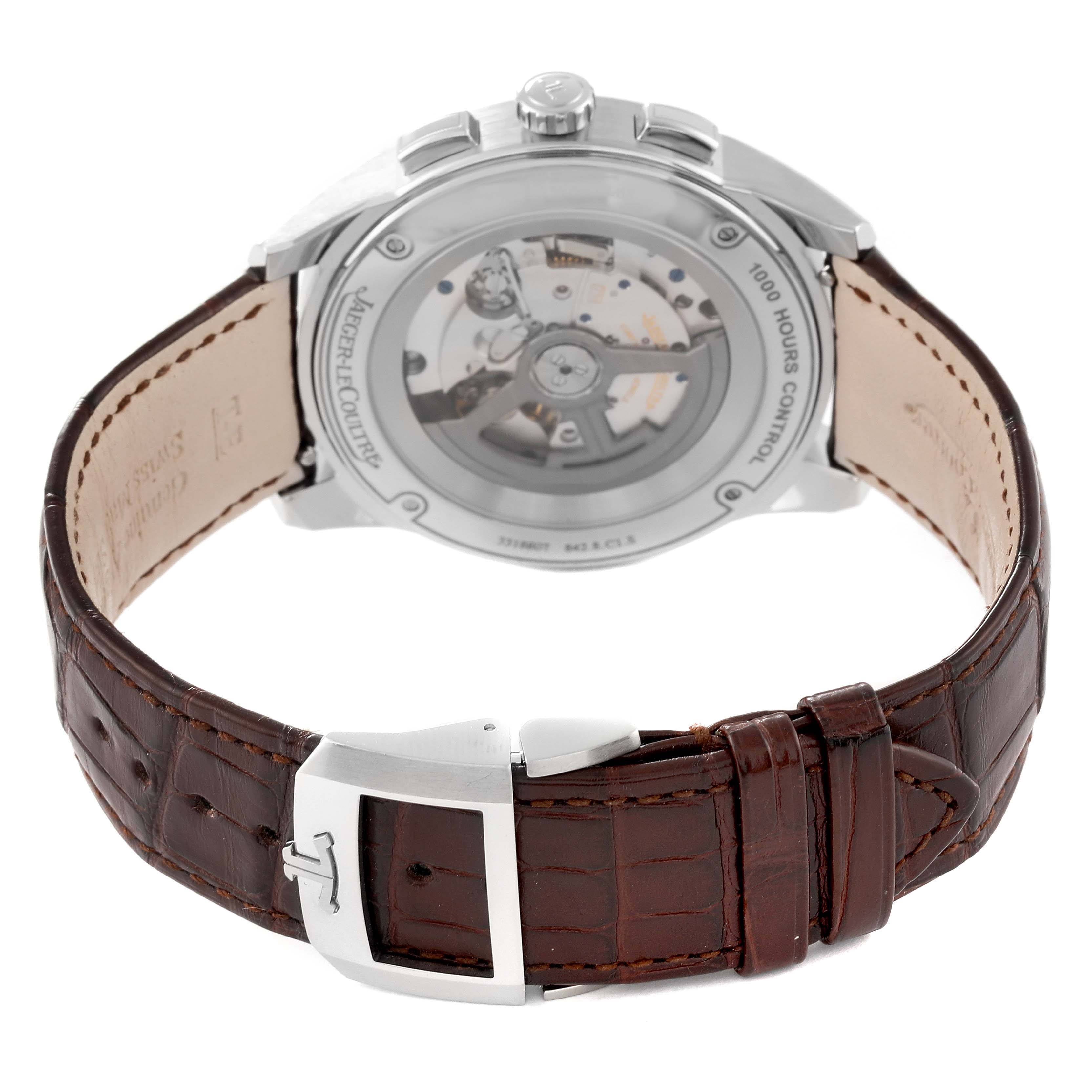 The image shows the back view of the Jaeger LeCoultre Polaris Q9028480 Men's Stainless Steel Blue Dial Q9028480 Men's Stainless Steel Blue Dial watch, revealing the movement through a transparent case back and a brown leather strap.