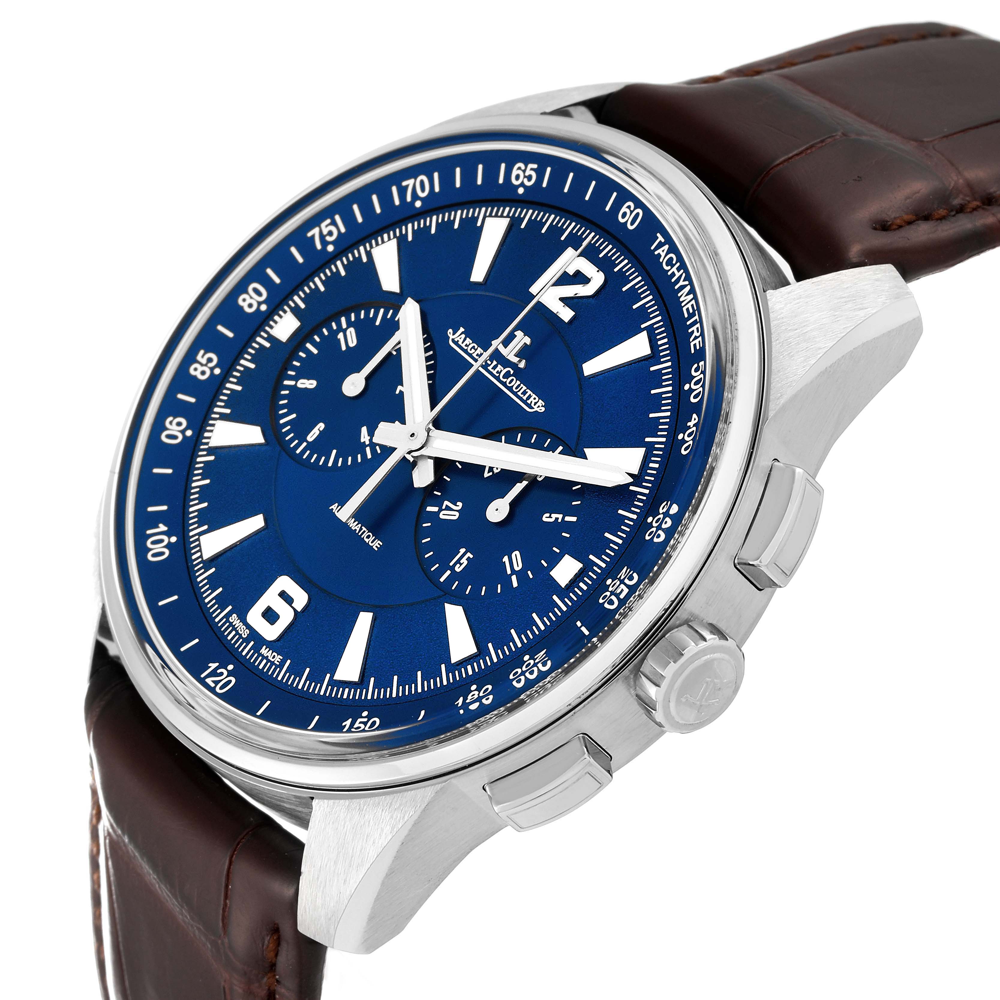 This image shows a Jaeger LeCoultre Polaris Q9028480 Men's Stainless Steel Blue Dial Q9028480 Men's Stainless Steel Blue Dial watch from a 45-degree angle, featuring the dial, case, crown, and strap.