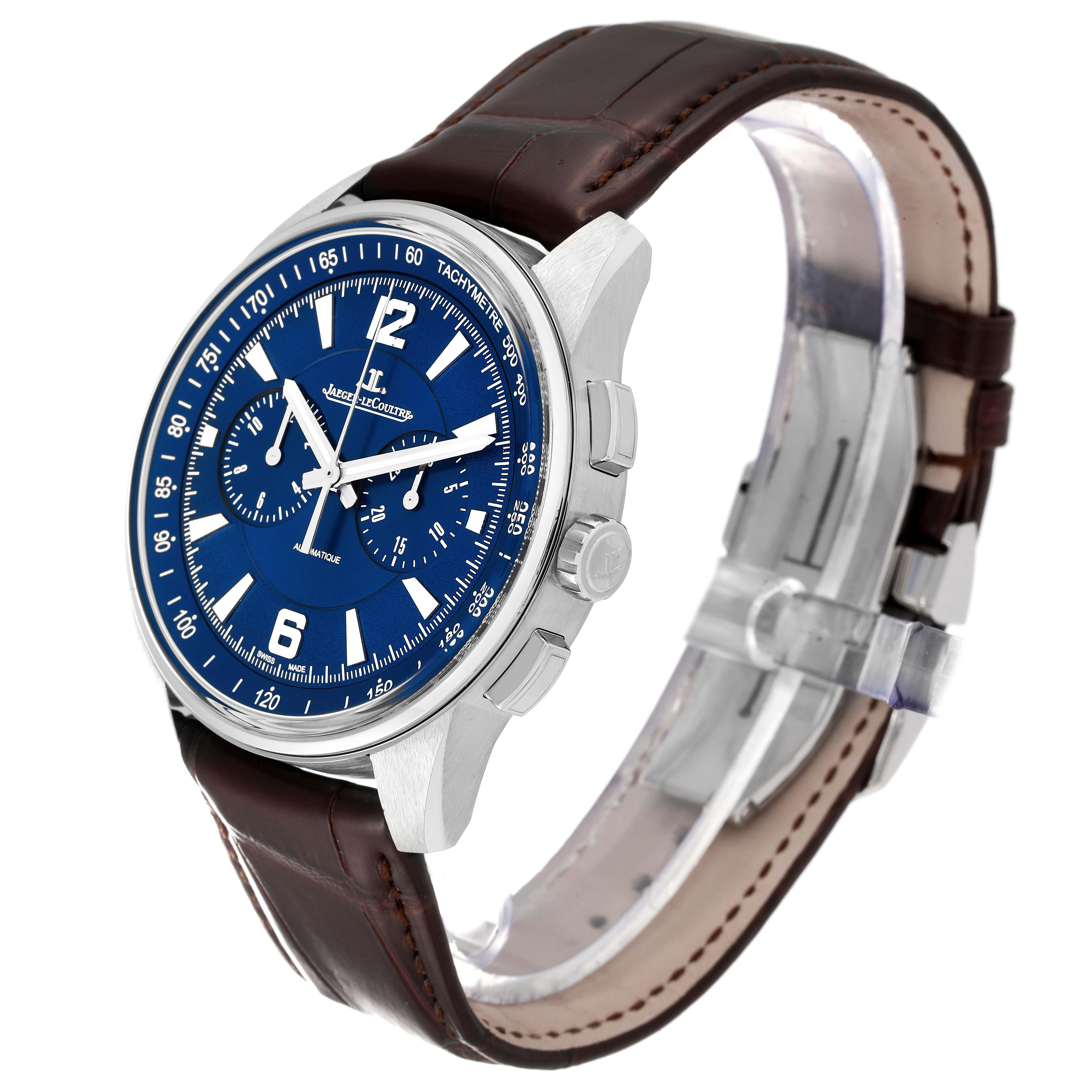 The Jaeger LeCoultre Polaris Q9028480 Men's Stainless Steel Blue Dial Q9028480 Men's Stainless Steel Blue Dial watch is shown at an angled side view, displaying the dial, case, and brown leather strap.