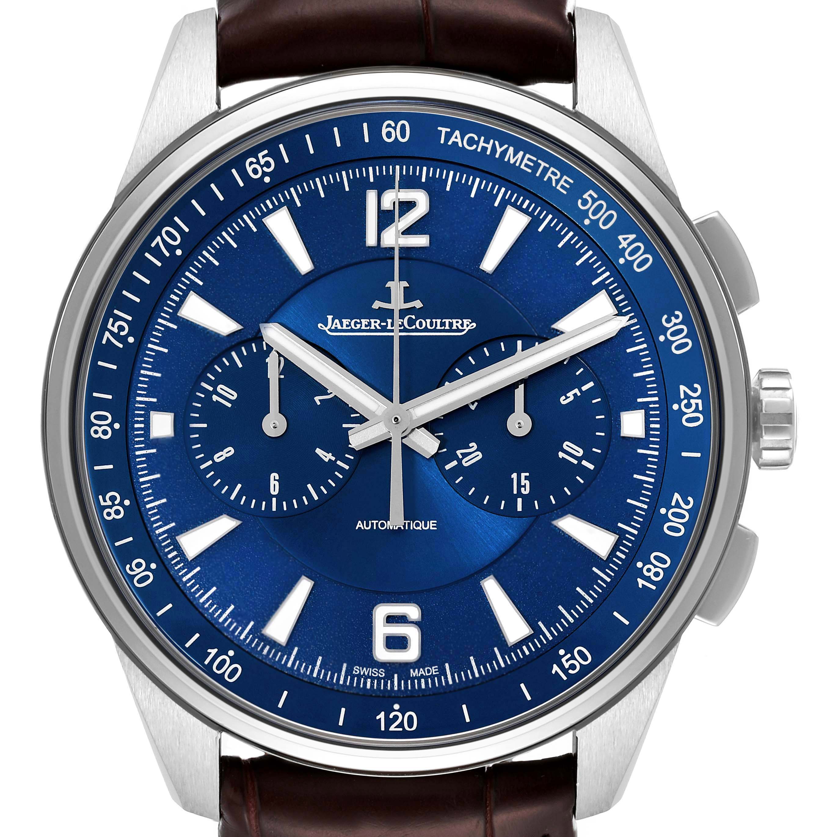 The image shows a front view of the Jaeger LeCoultre Polaris Q9028480 Men's Stainless Steel Blue Dial Q9028480 Men's Stainless Steel Blue Dial model watch, highlighting its blue dial, tachymeter, and brown leather strap.