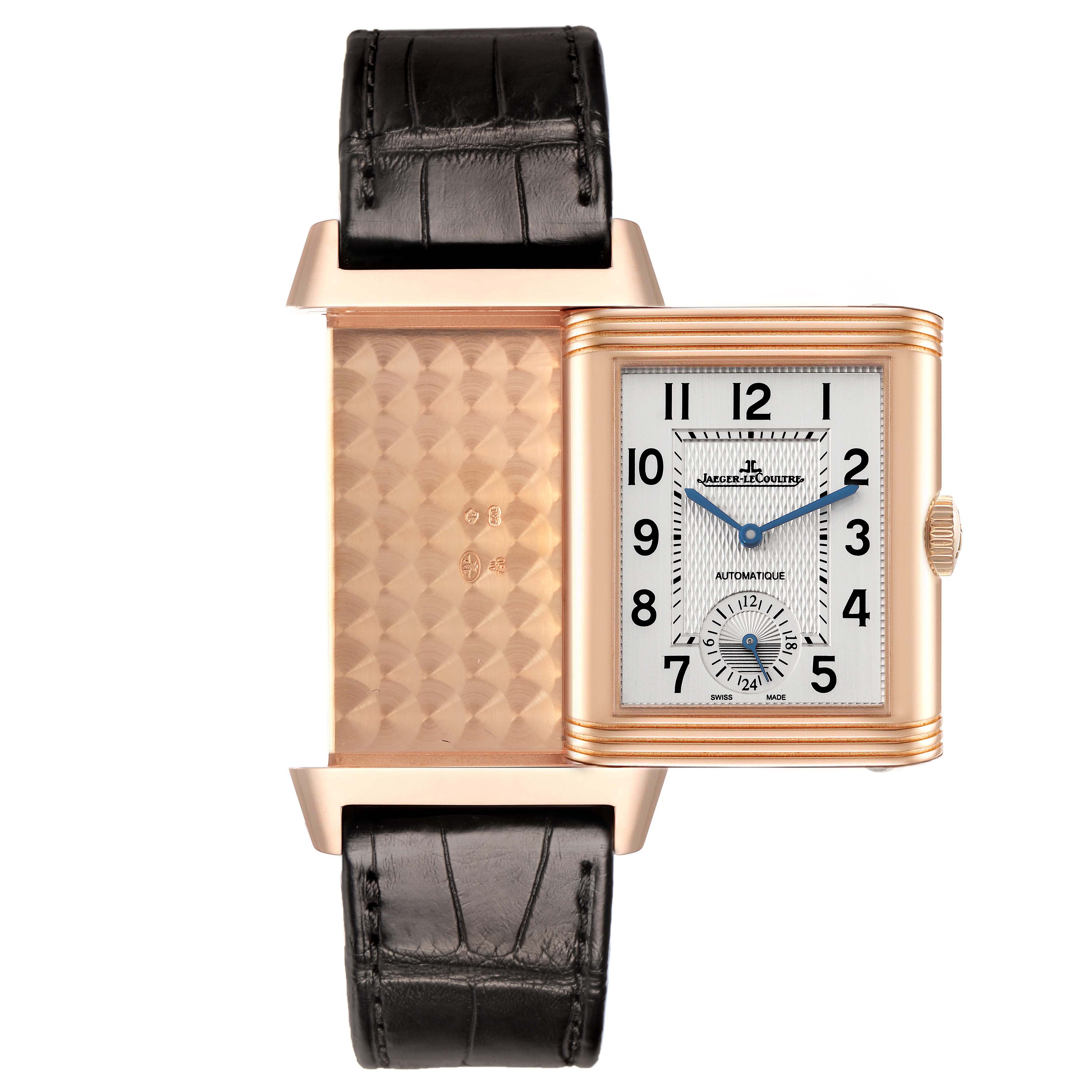 The Jaeger LeCoultre Reverso Q3832420 Men's Rose Gold Silver Dial Q3832420 Men's Rose Gold Silver Dial watch is shown at an angle highlighting its reversible case and detailed strap.